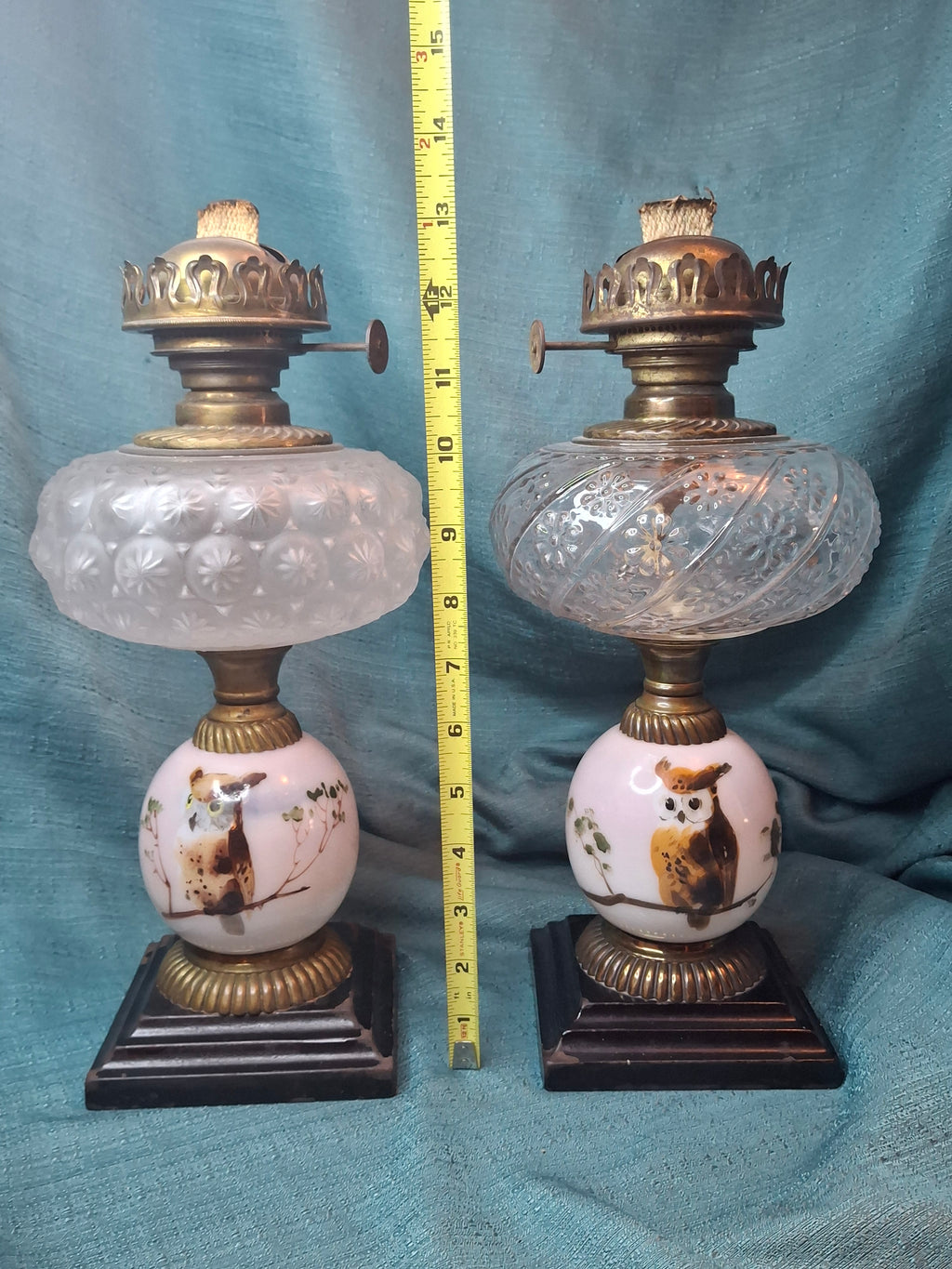 Pair Antique Victorian Opal Oil Lamps Hand Painted Owl Milk Glass Cast Iron P&A 20"