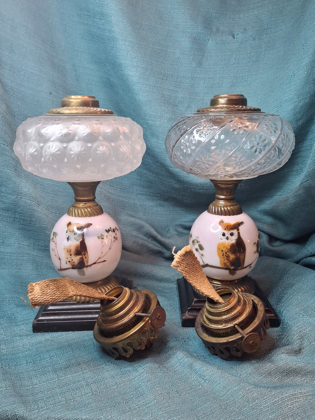 Pair Antique Victorian Opal Oil Lamps Hand Painted Owl Milk Glass Cast Iron P&A 20"