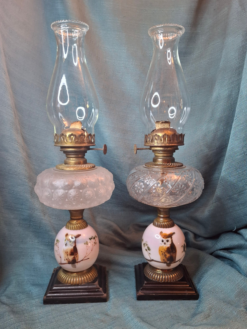 Pair Antique Victorian Opal Oil Lamps Hand Painted Owl Milk Glass Cast Iron P&A 20"