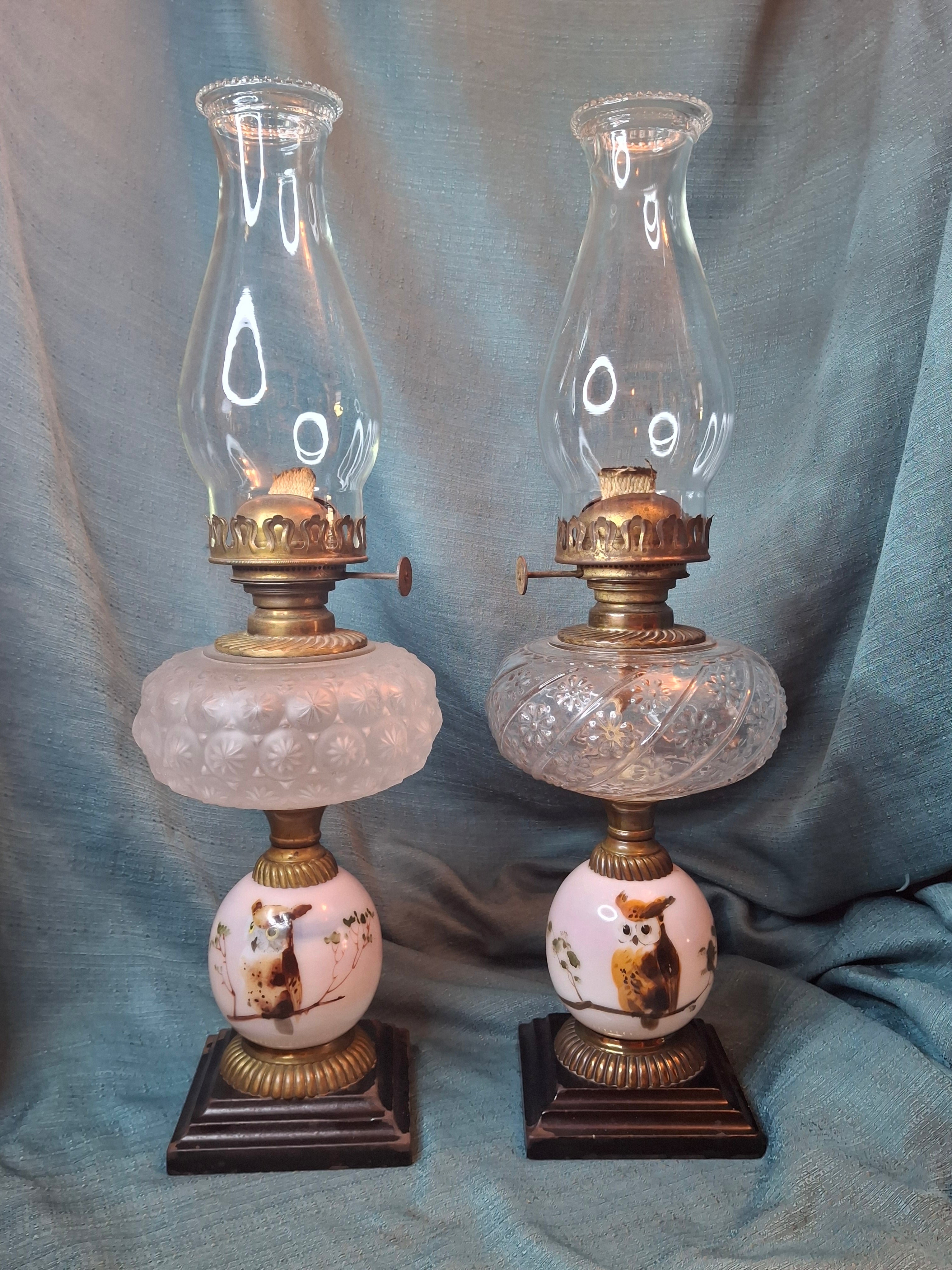 Pair Antique Victorian Opal Oil Lamps Hand Painted Owl Milk Glass Cast Iron P&A 20"