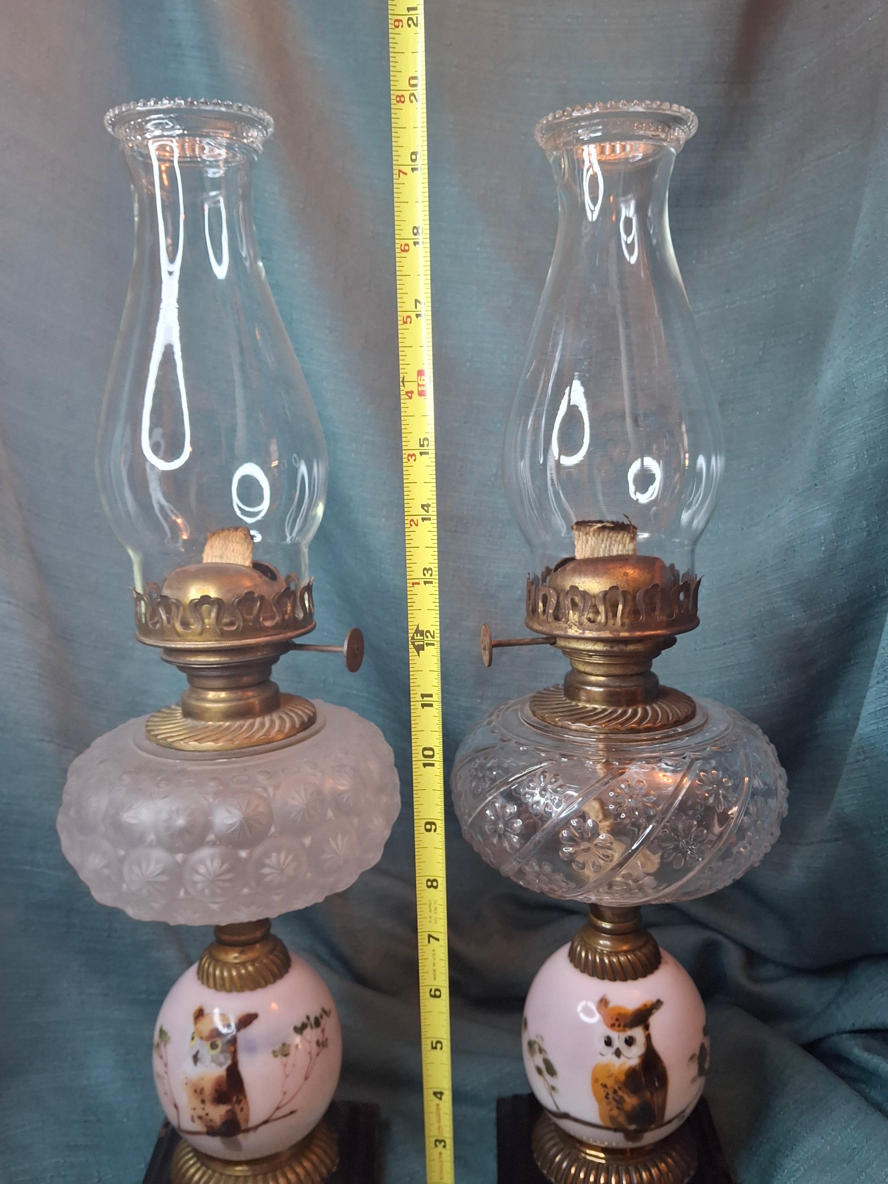 Pair Antique Victorian Opal Oil Lamps Hand Painted Owl Milk Glass Cast Iron P&A 20"