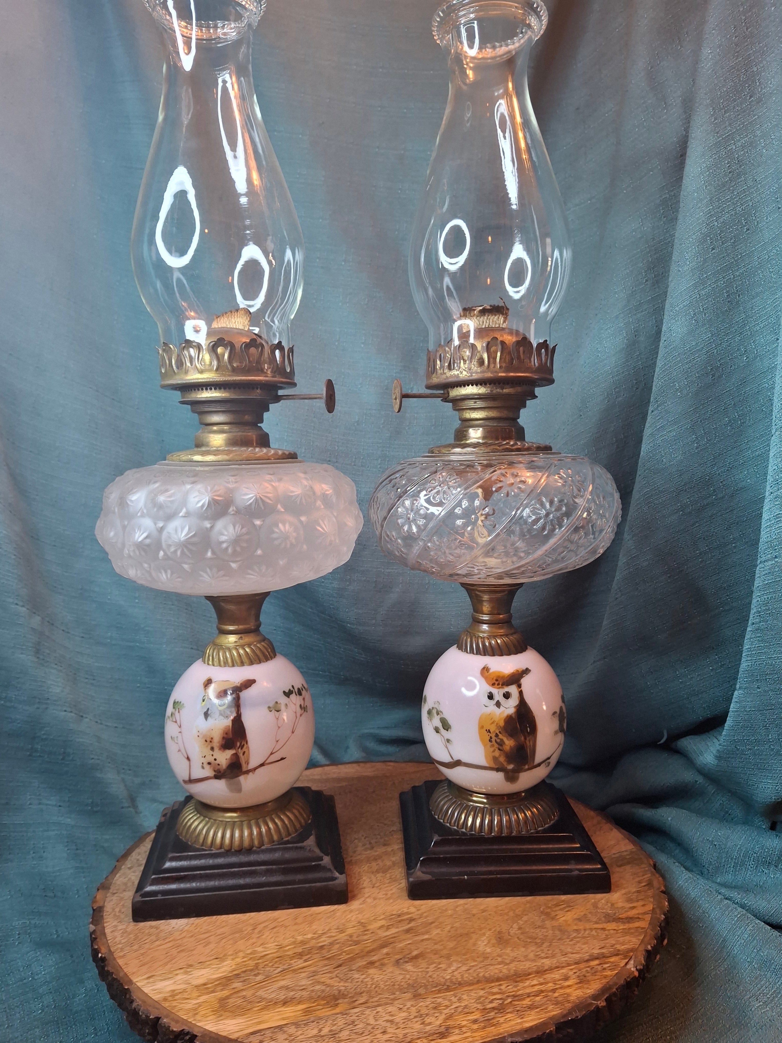 Pair Antique Victorian Opal Oil Lamps Hand Painted Owl Milk Glass Cast Iron P&A 20"