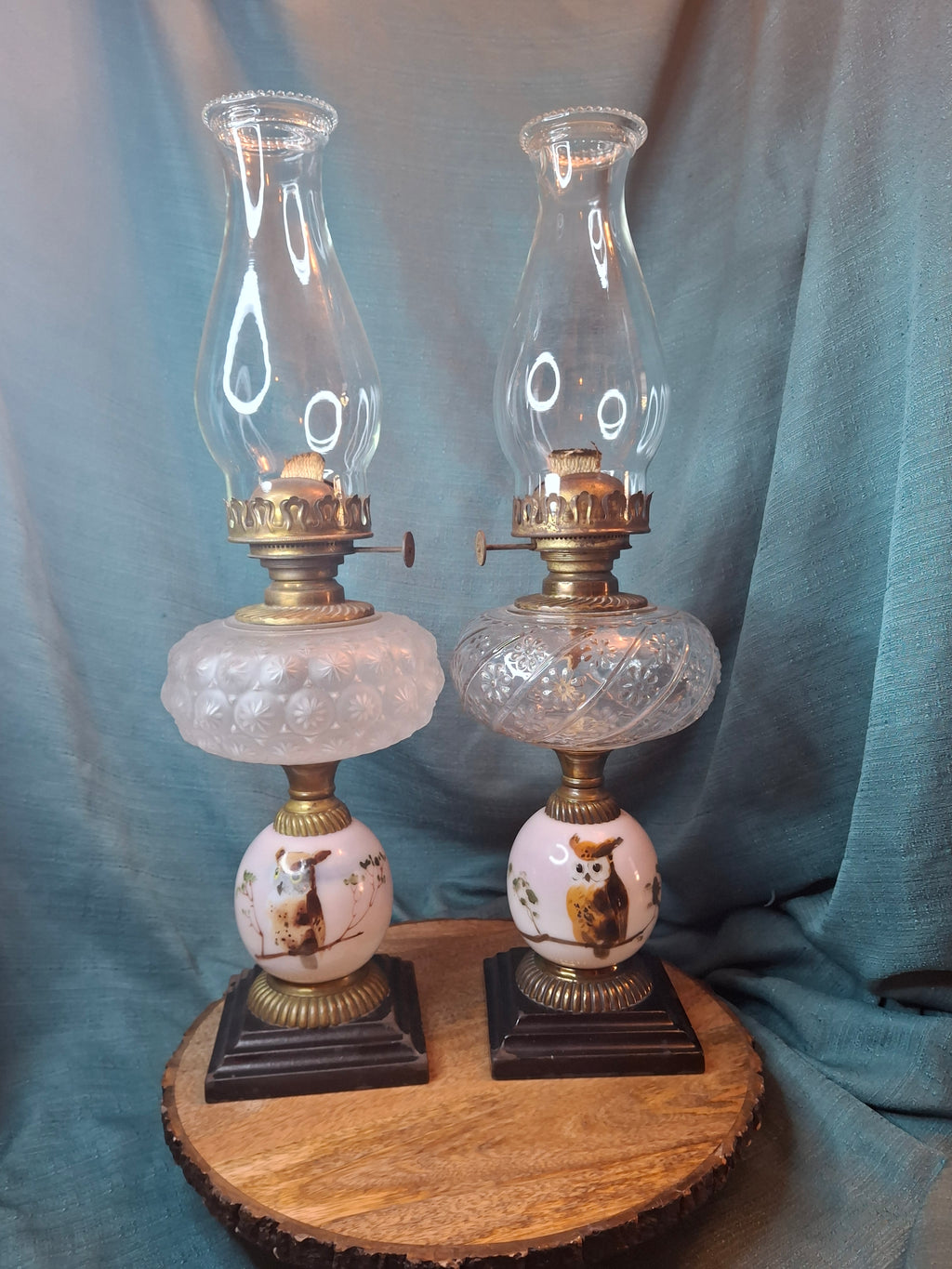 Pair Antique Victorian Opal Oil Lamps Hand Painted Owl Milk Glass Cast Iron P&A 20"