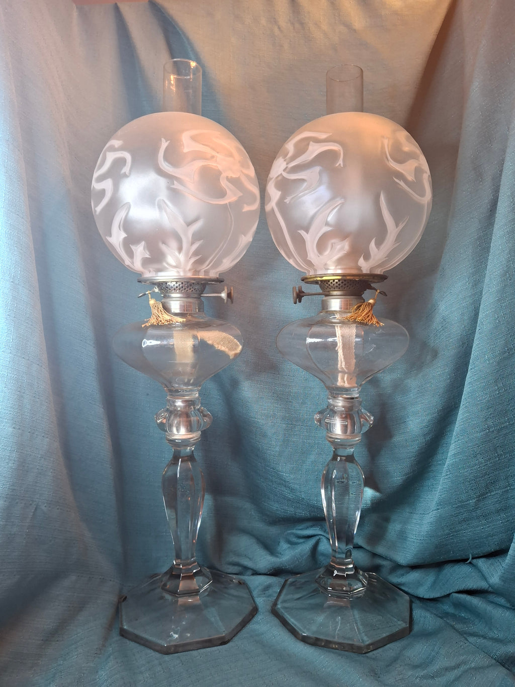 Antique Complete Pair Fostoria No. 17 Glass Kerosene Banquet Lamps Duplex Burner