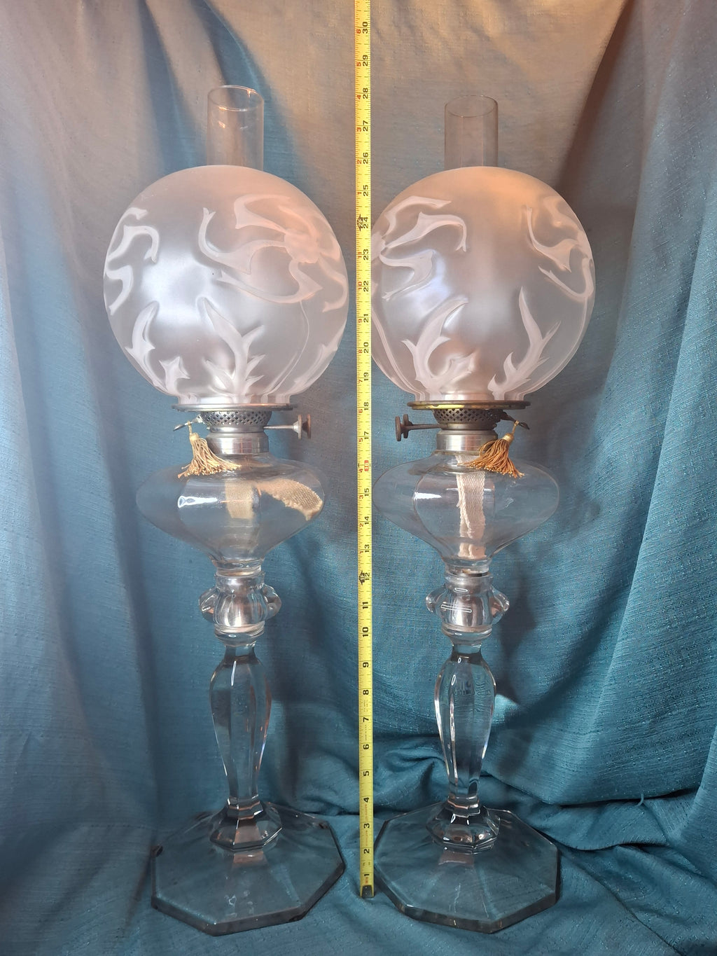Antique Complete Pair Fostoria No. 17 Glass Kerosene Banquet Lamps Duplex Burner