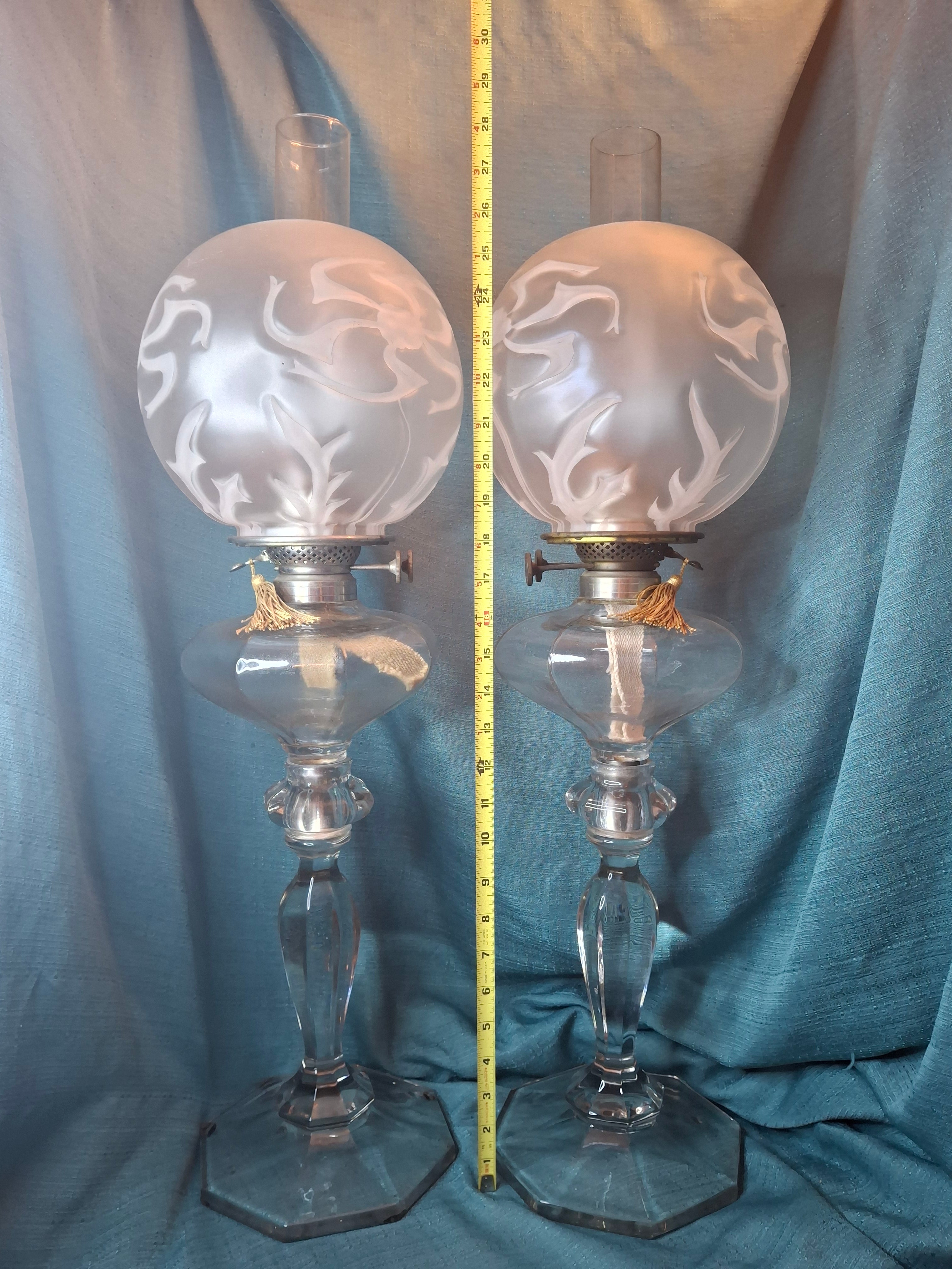 Antique Complete Pair Fostoria No. 17 Glass Kerosene Banquet Lamps Duplex Burner