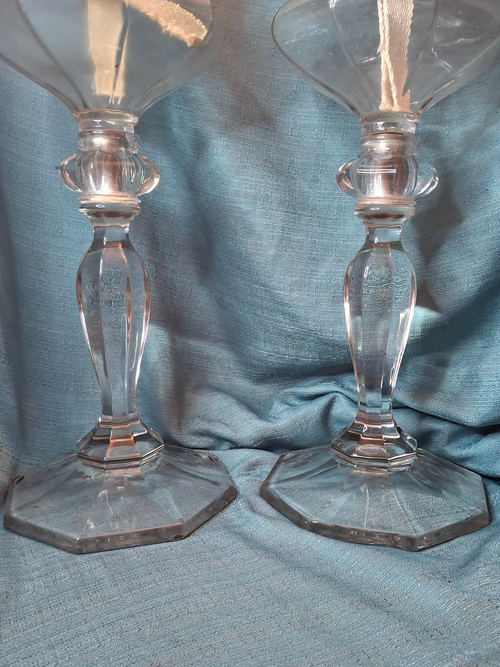 Antique Complete Pair Fostoria No. 17 Glass Kerosene Banquet Lamps Duplex Burner