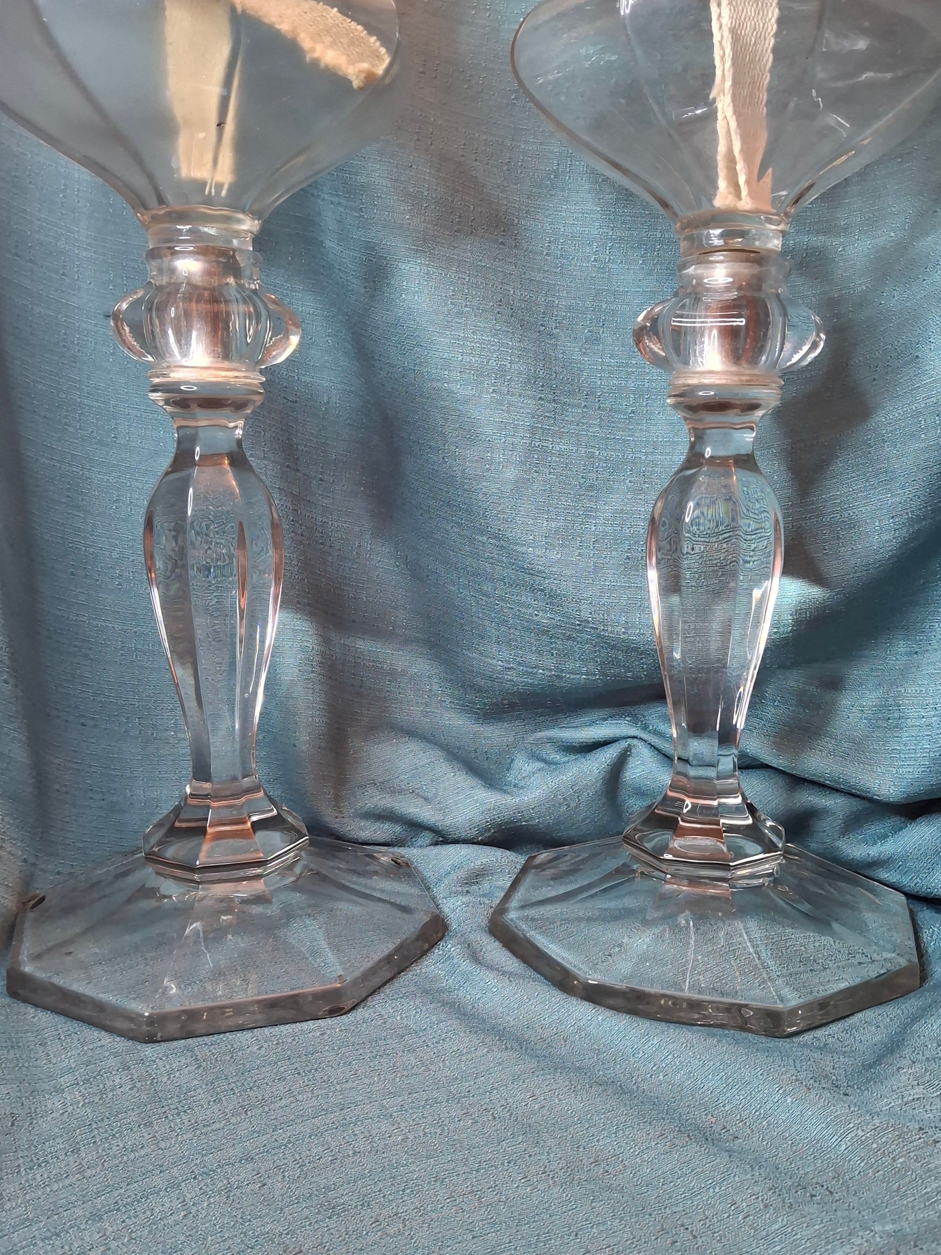 Antique Complete Pair Fostoria No. 17 Glass Kerosene Banquet Lamps Duplex Burner