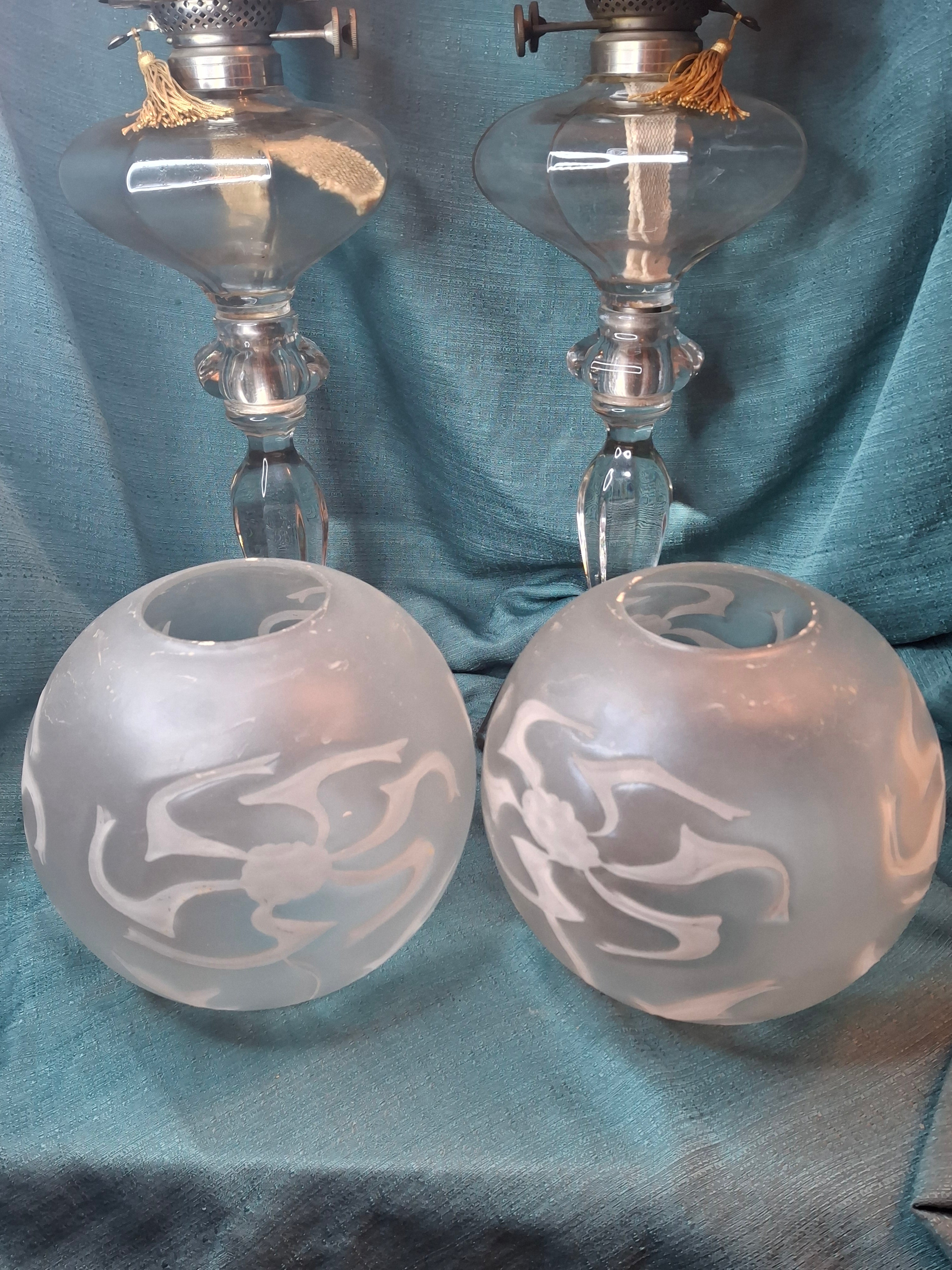 Antique Complete Pair Fostoria No. 17 Glass Kerosene Banquet Lamps Duplex Burner