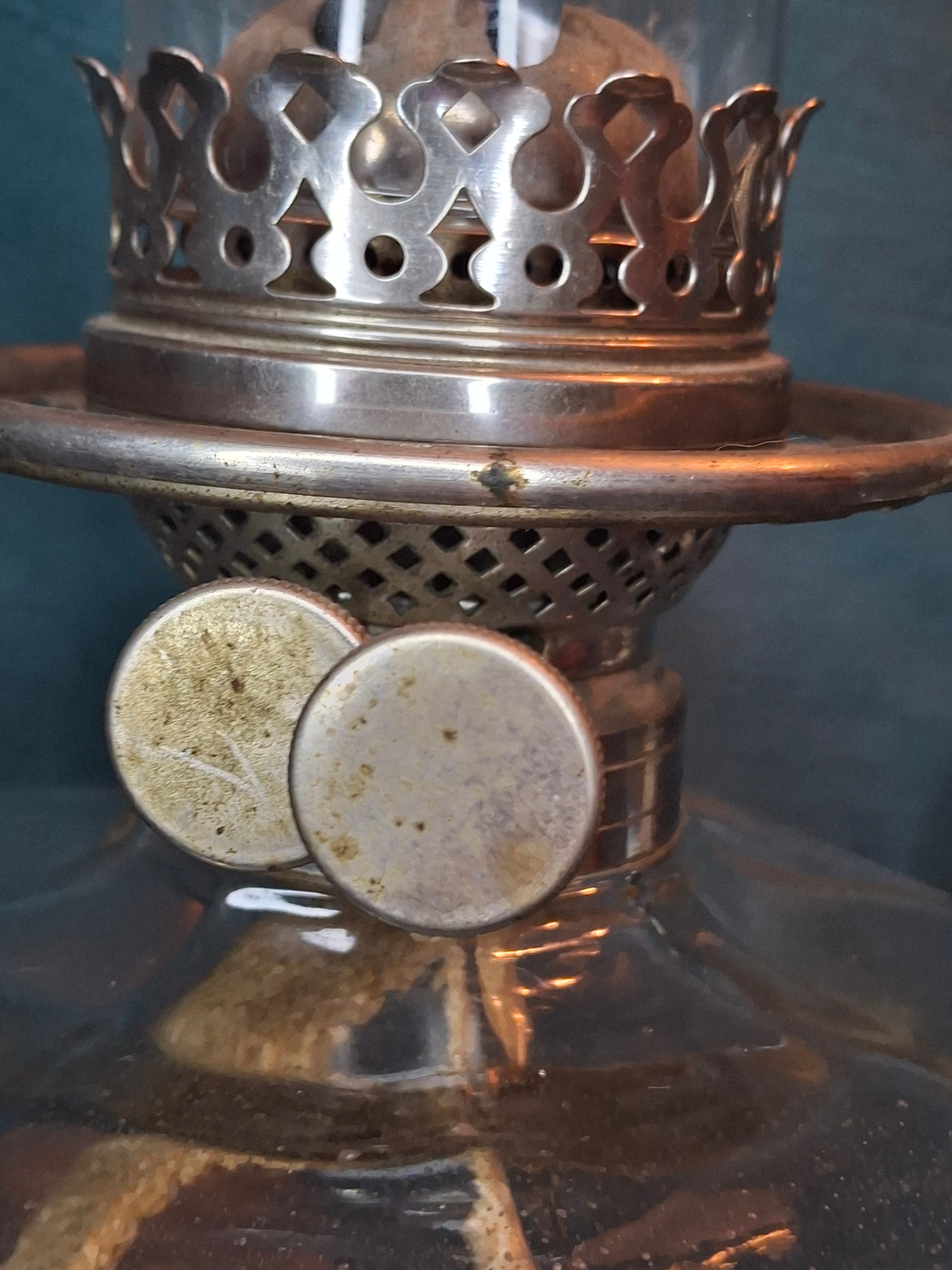 Antique Complete Pair Fostoria No. 17 Glass Kerosene Banquet Lamps Duplex Burner