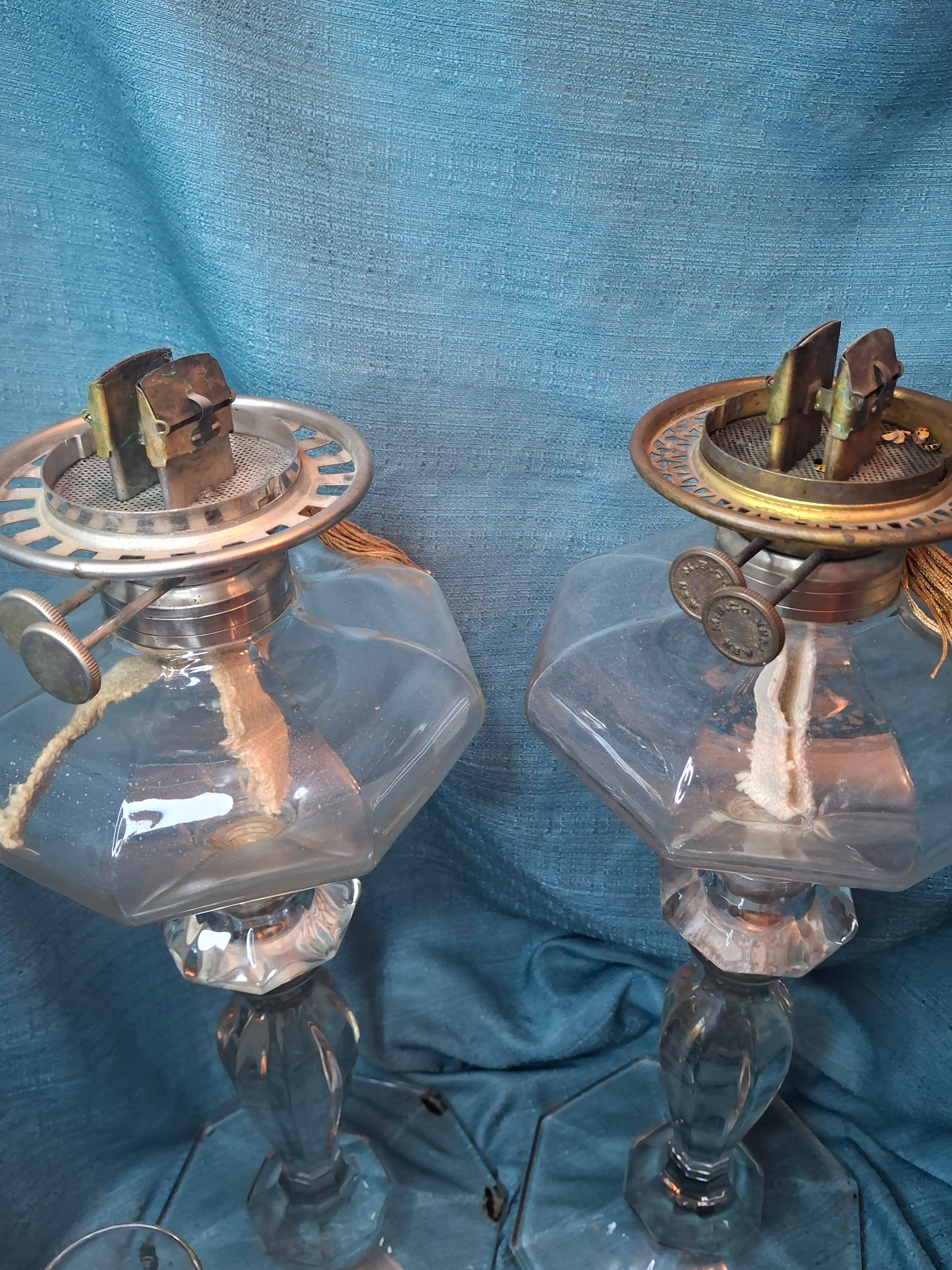 Antique Complete Pair Fostoria No. 17 Glass Kerosene Banquet Lamps Duplex Burner