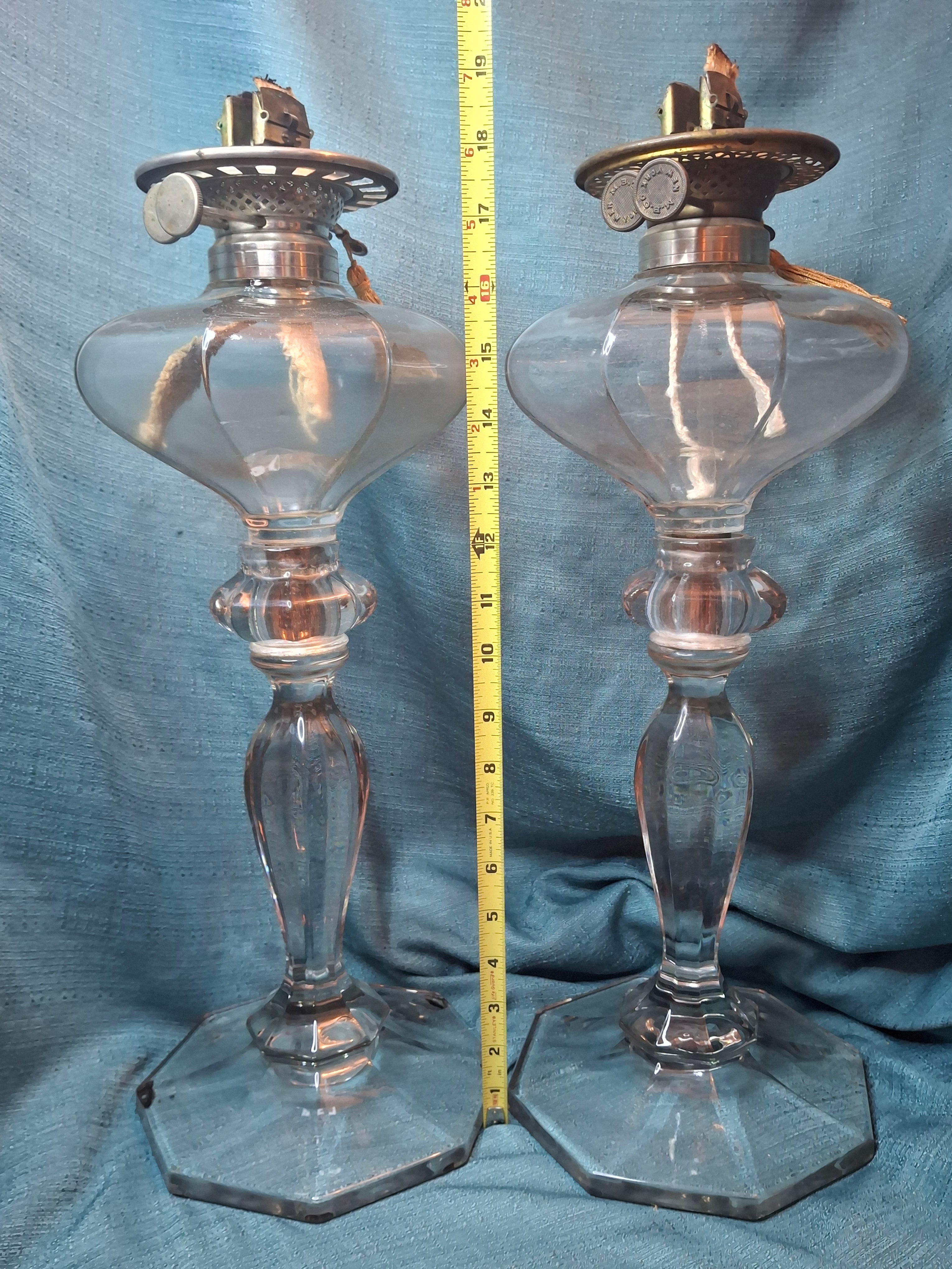 Antique Complete Pair Fostoria No. 17 Glass Kerosene Banquet Lamps Duplex Burner