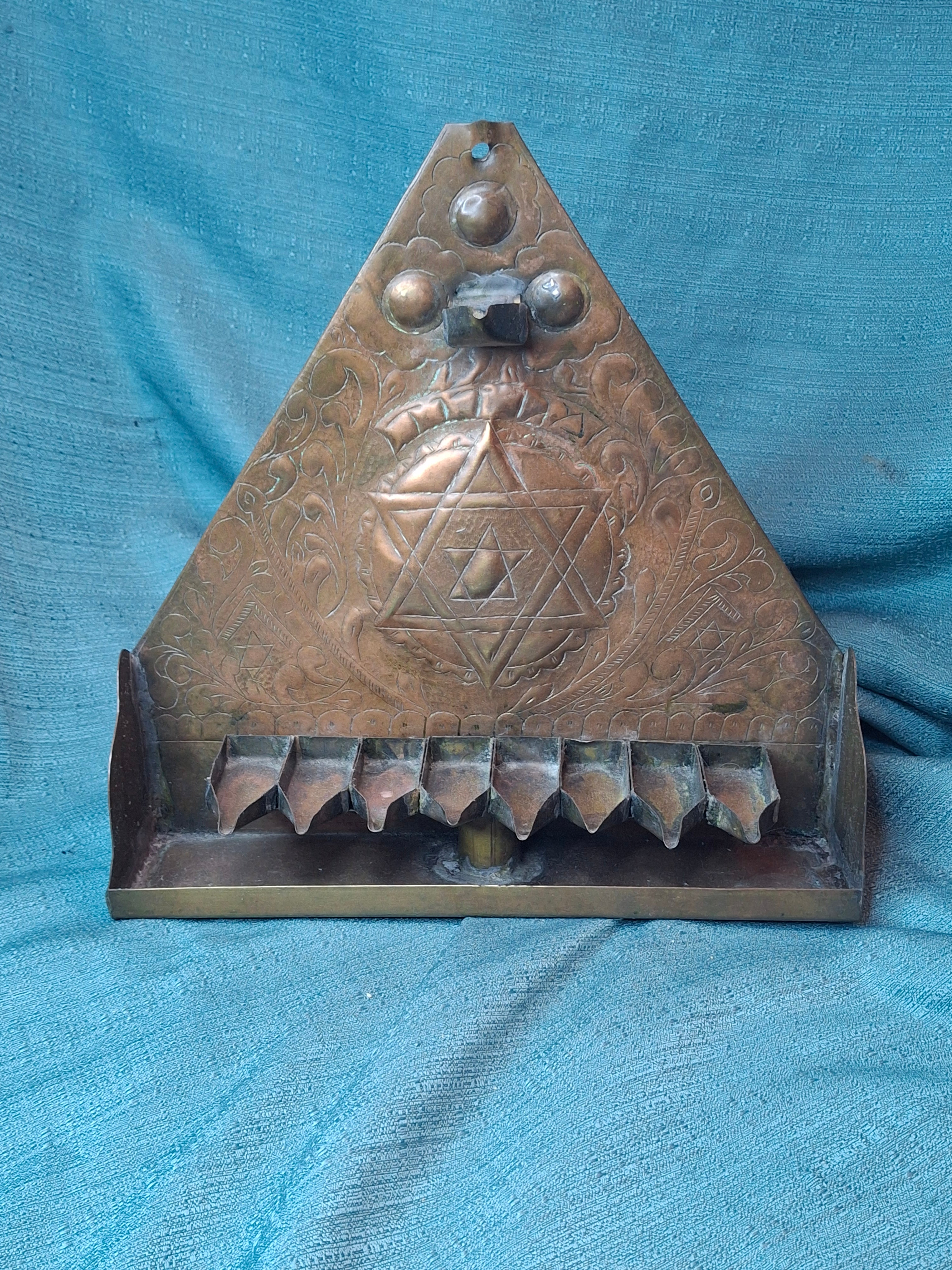 Rare 19thC Moroccan Brass Hanukkah Menorah • Hand-Repoussé Maghrebi Judaica Oil Lamp
