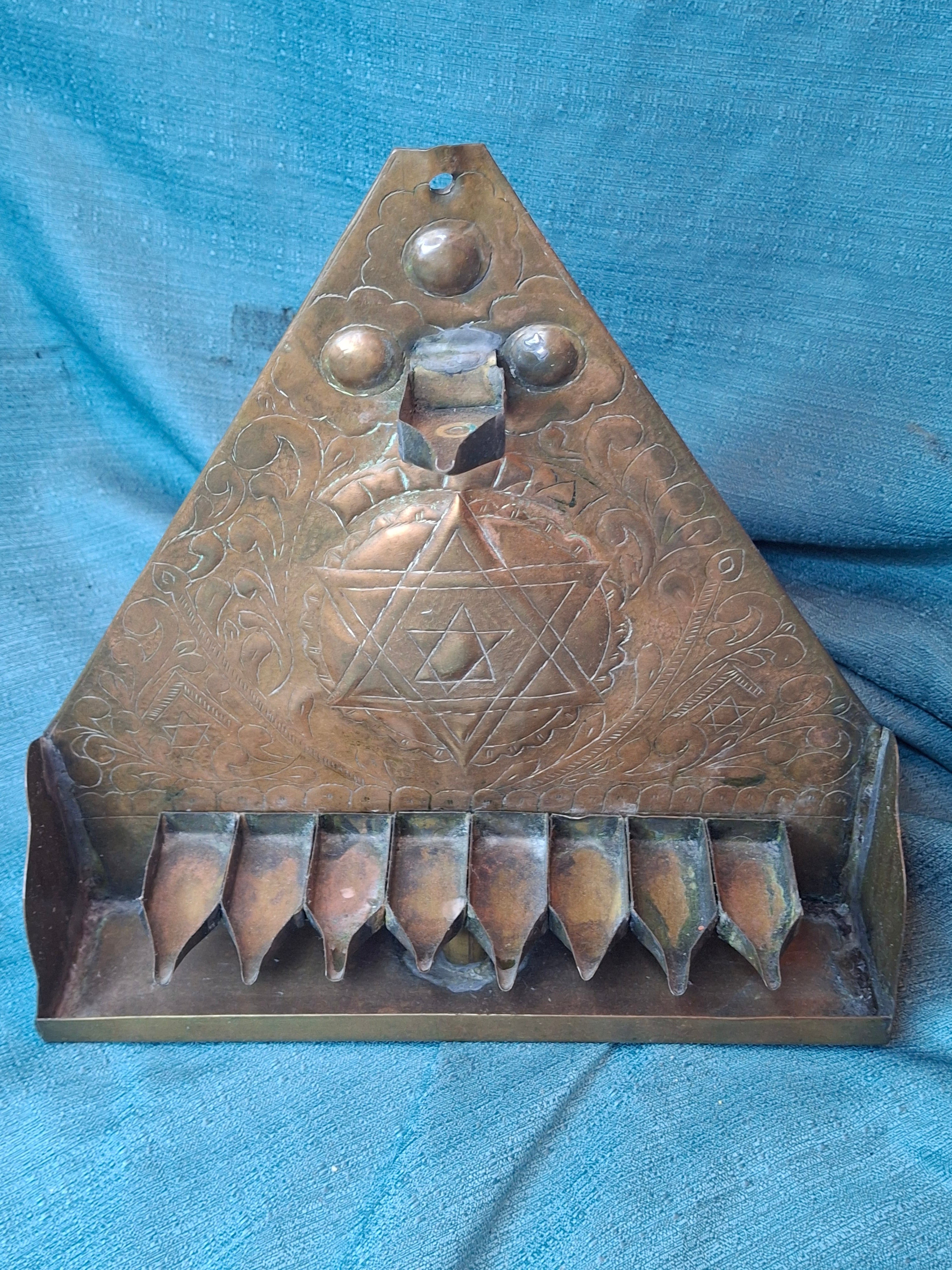 Rare 19thC Moroccan Brass Hanukkah Menorah • Hand-Repoussé Maghrebi Judaica Oil Lamp