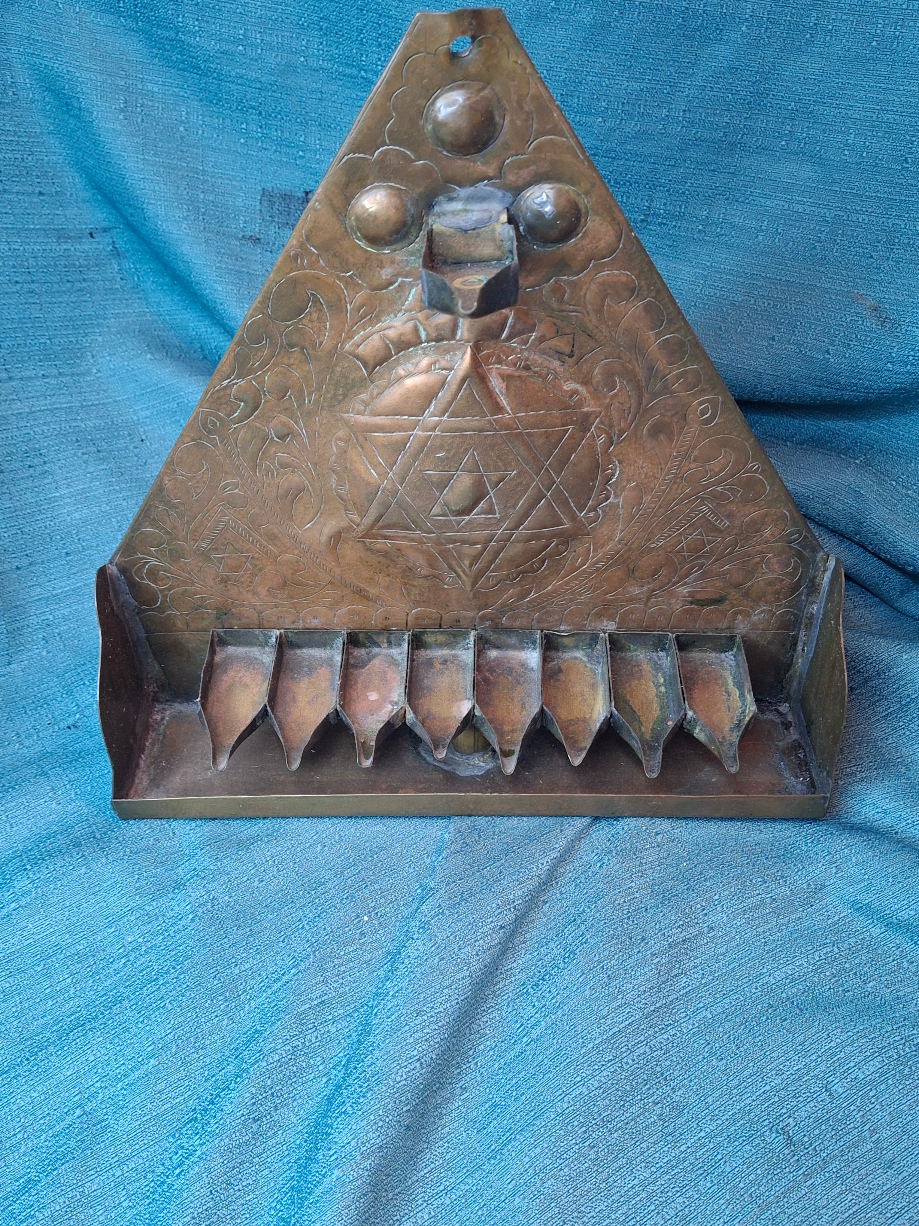 Rare 19thC Moroccan Brass Hanukkah Menorah • Hand-Repoussé Maghrebi Judaica Oil Lamp
