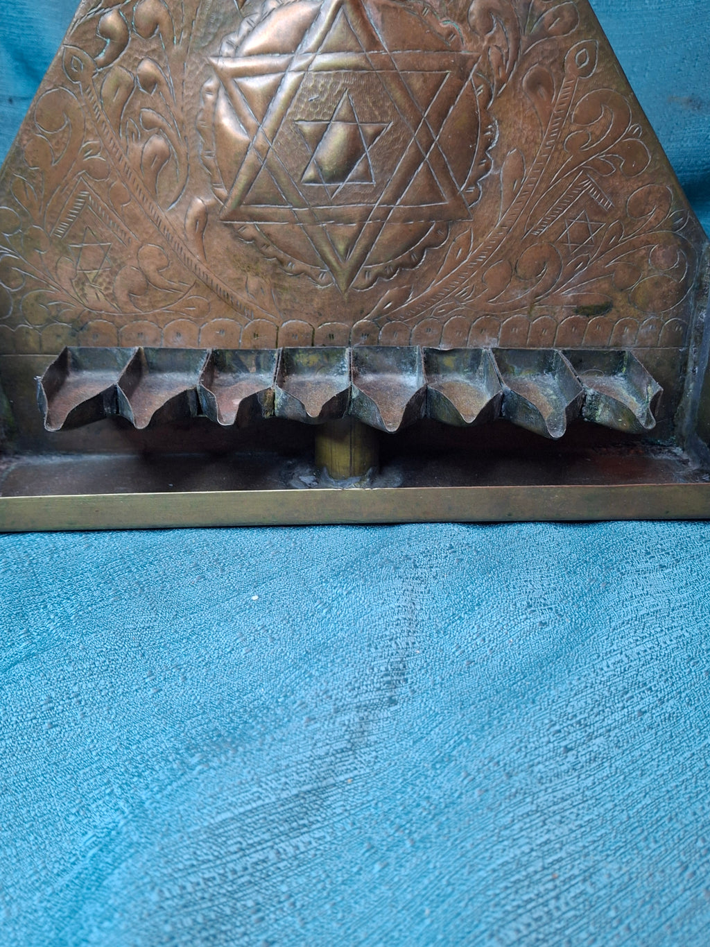 Rare 19thC Moroccan Brass Hanukkah Menorah • Hand-Repoussé Maghrebi Judaica Oil Lamp