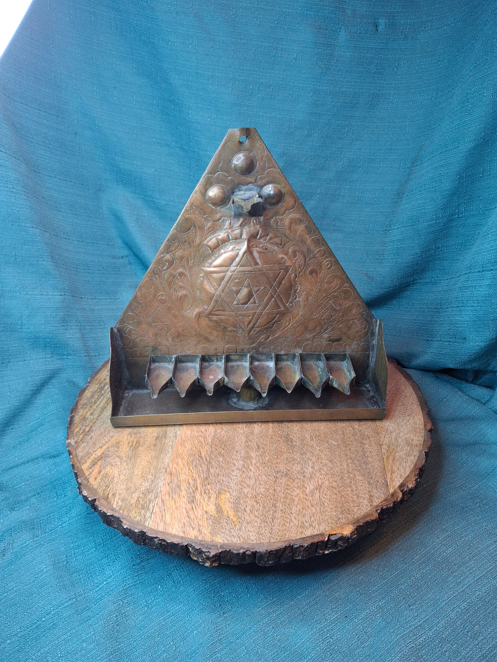 Rare 19thC Moroccan Brass Hanukkah Menorah • Hand-Repoussé Maghrebi Judaica Oil Lamp