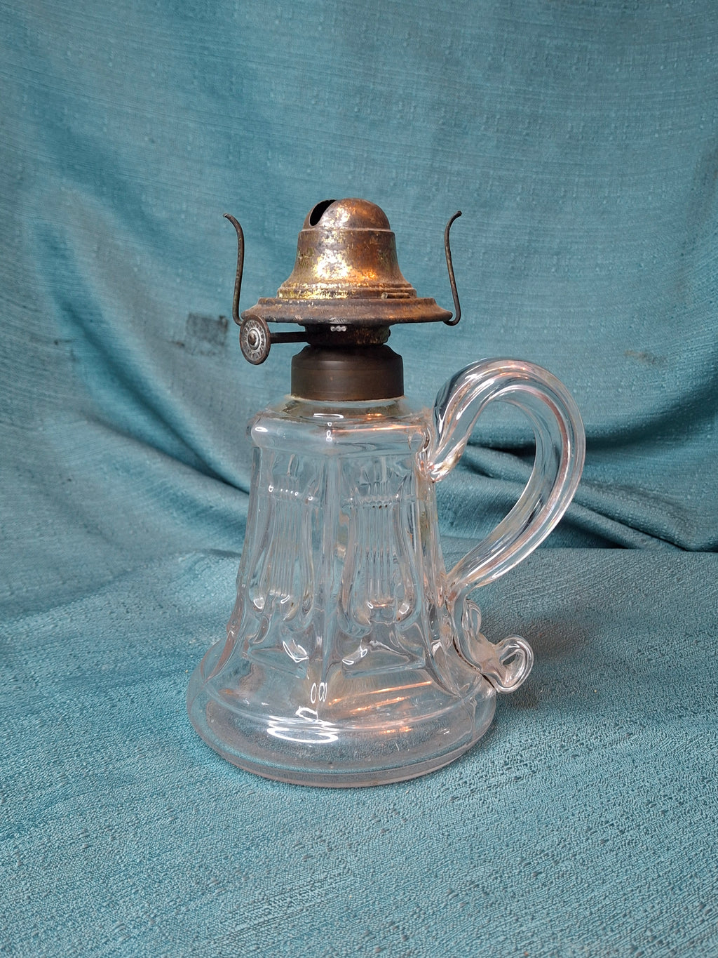 Antique EAPG Glass Lyre Harp Hand Oil Kerosene Lamp Atterbury 1870s Brass Burner