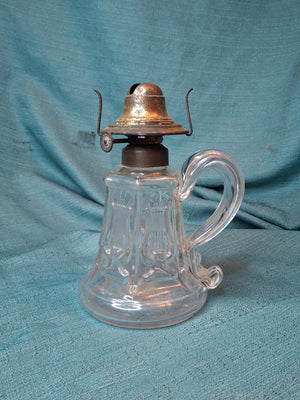 Antique EAPG Glass Lyre Harp Hand Oil Kerosene Lamp Atterbury 1870s Brass Burner