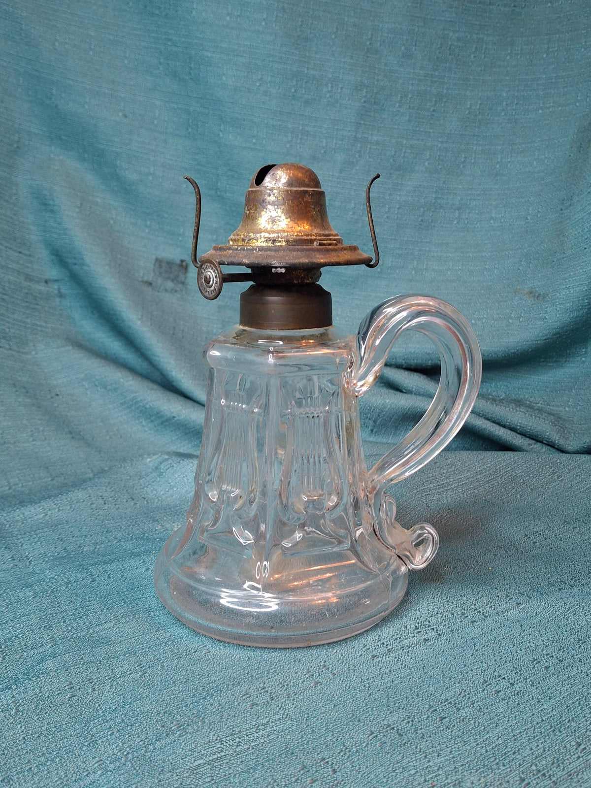 Antique EAPG Glass Lyre Harp Hand Oil Kerosene Lamp Atterbury 1870s Brass Burner
