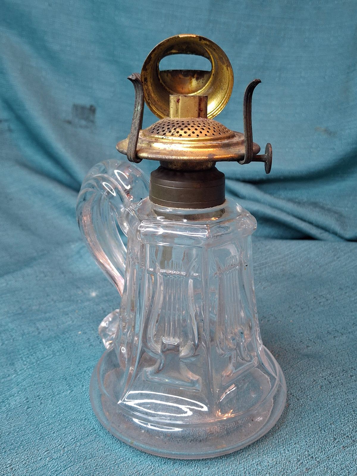 Antique EAPG Glass Lyre Harp Hand Oil Kerosene Lamp Atterbury 1870s Brass Burner