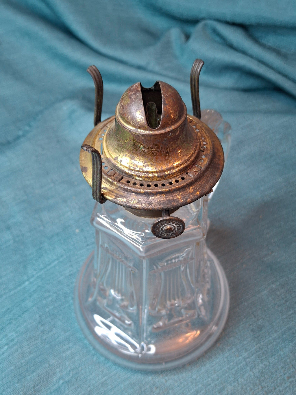 Antique EAPG Glass Lyre Harp Hand Oil Kerosene Lamp Atterbury 1870s Brass Burner