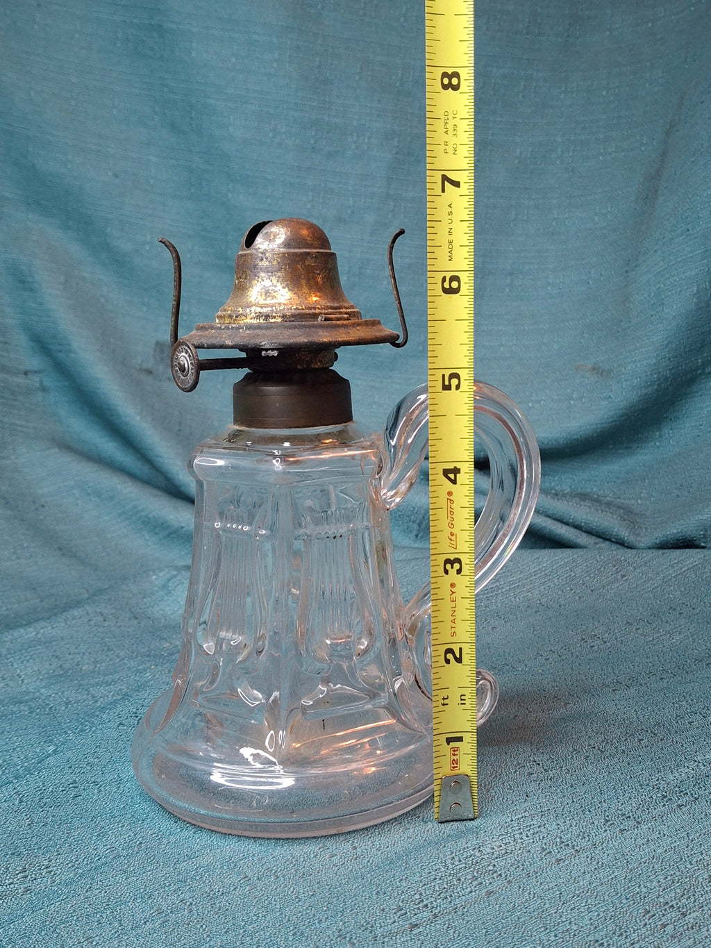 Antique EAPG Glass Lyre Harp Hand Oil Kerosene Lamp Atterbury 1870s Brass Burner