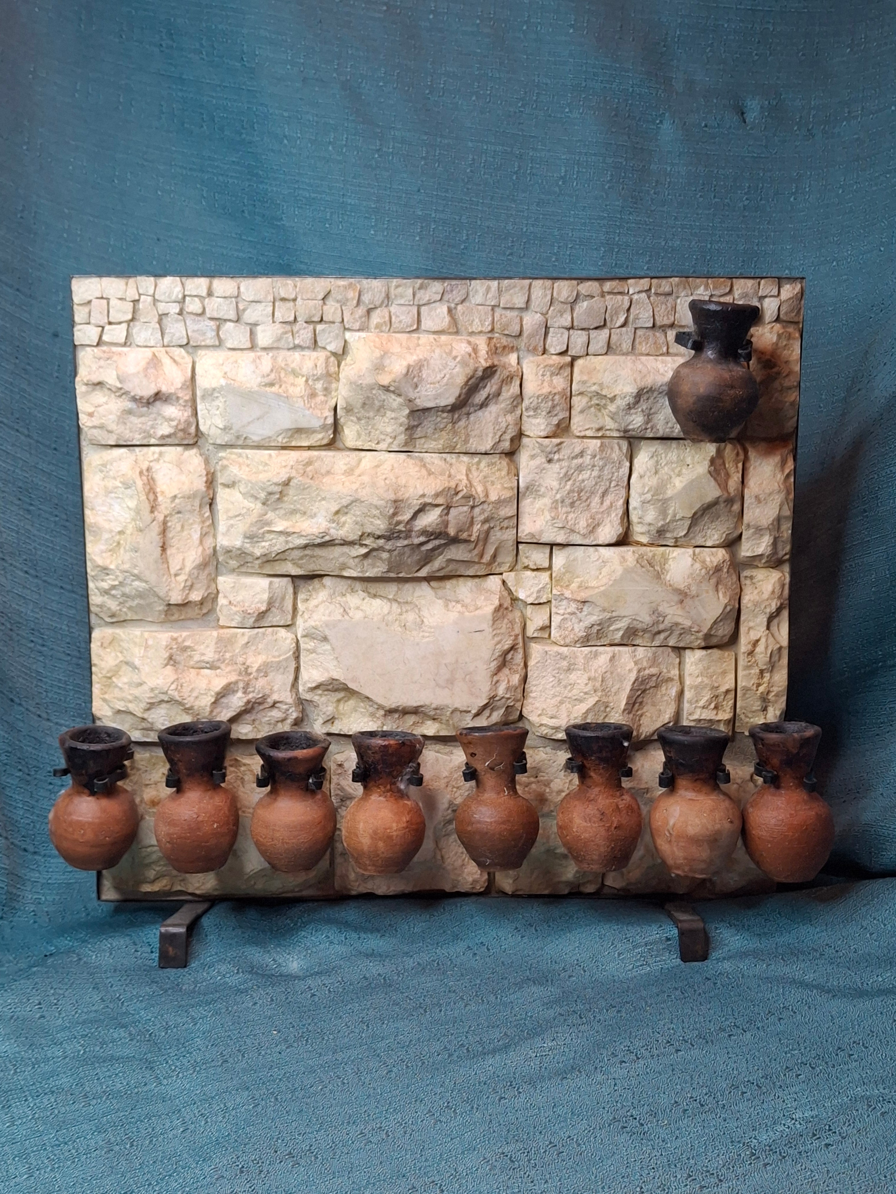 Rare Signed Shoshany Jerusalem Stone Menorah - Master Artisan Footed Design - Complete 11-Piece Oil Jug Set - Handmade in Israel