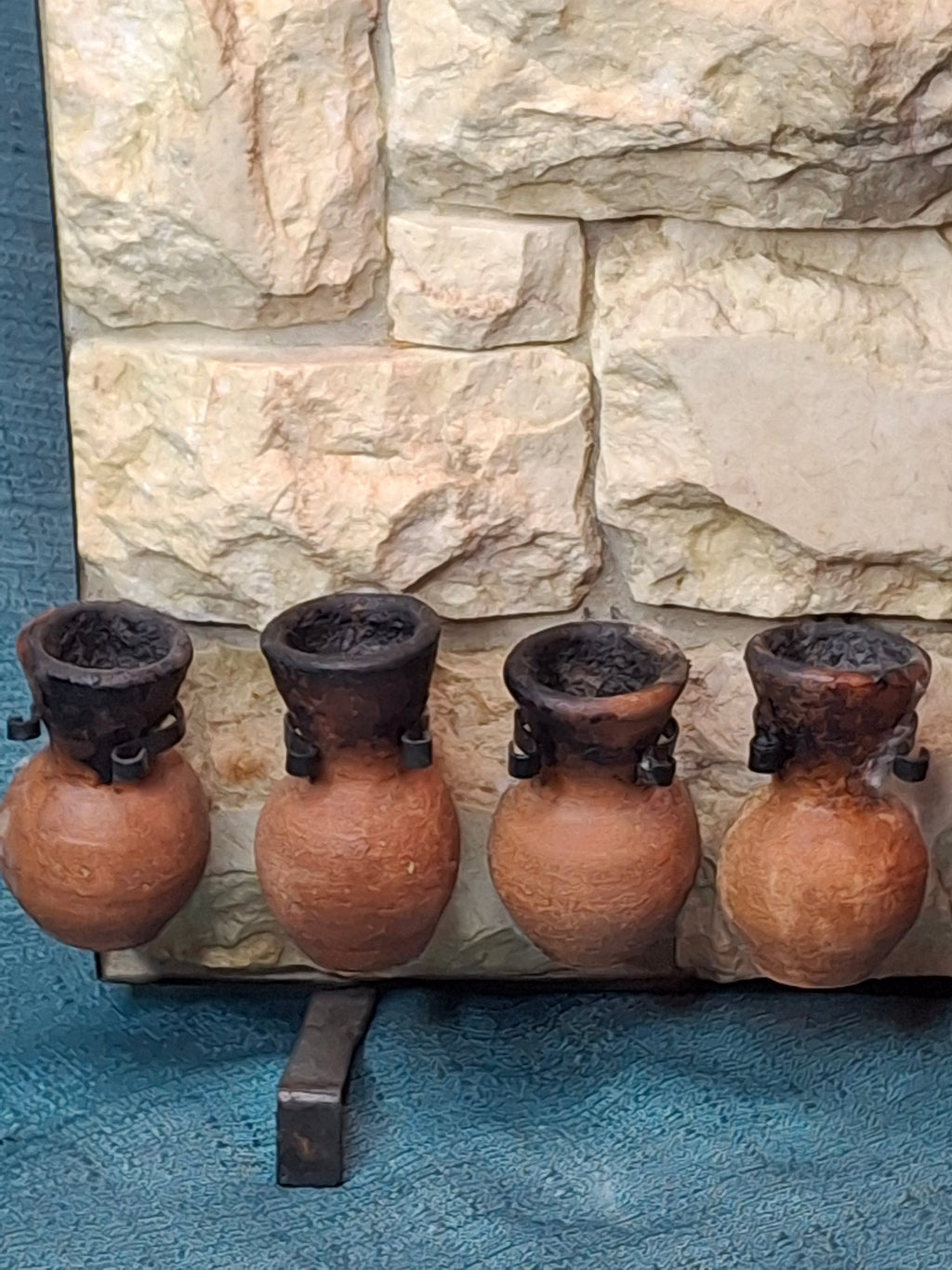 Rare Signed Shoshany Jerusalem Stone Menorah - Master Artisan Footed Design - Complete 11-Piece Oil Jug Set - Handmade in Israel