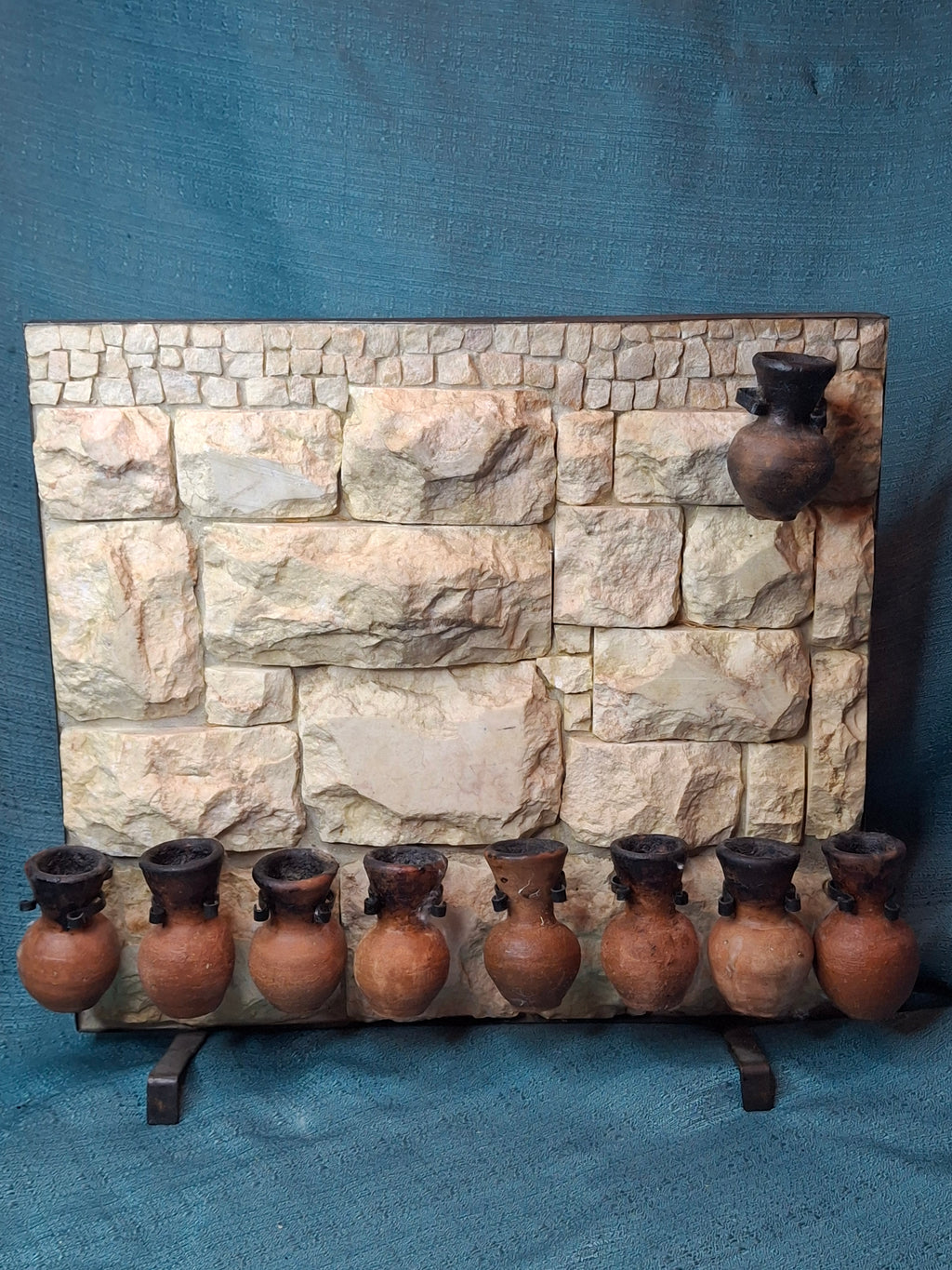 Rare Signed Shoshany Jerusalem Stone Menorah - Master Artisan Footed Design - Complete 11-Piece Oil Jug Set - Handmade in Israel