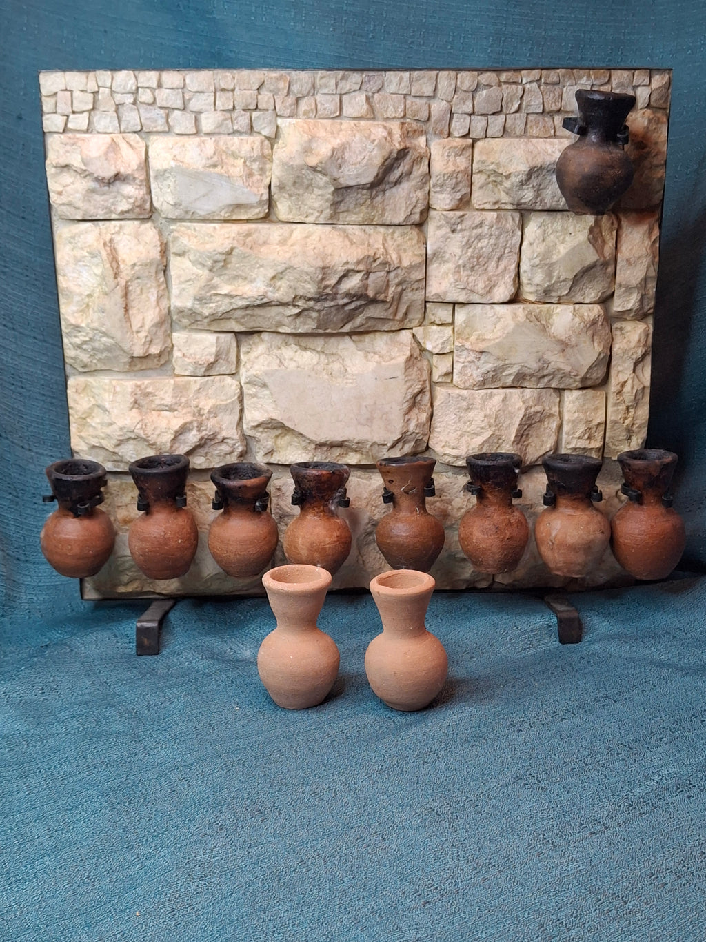 Rare Signed Shoshany Jerusalem Stone Menorah - Master Artisan Footed Design - Complete 11-Piece Oil Jug Set - Handmade in Israel