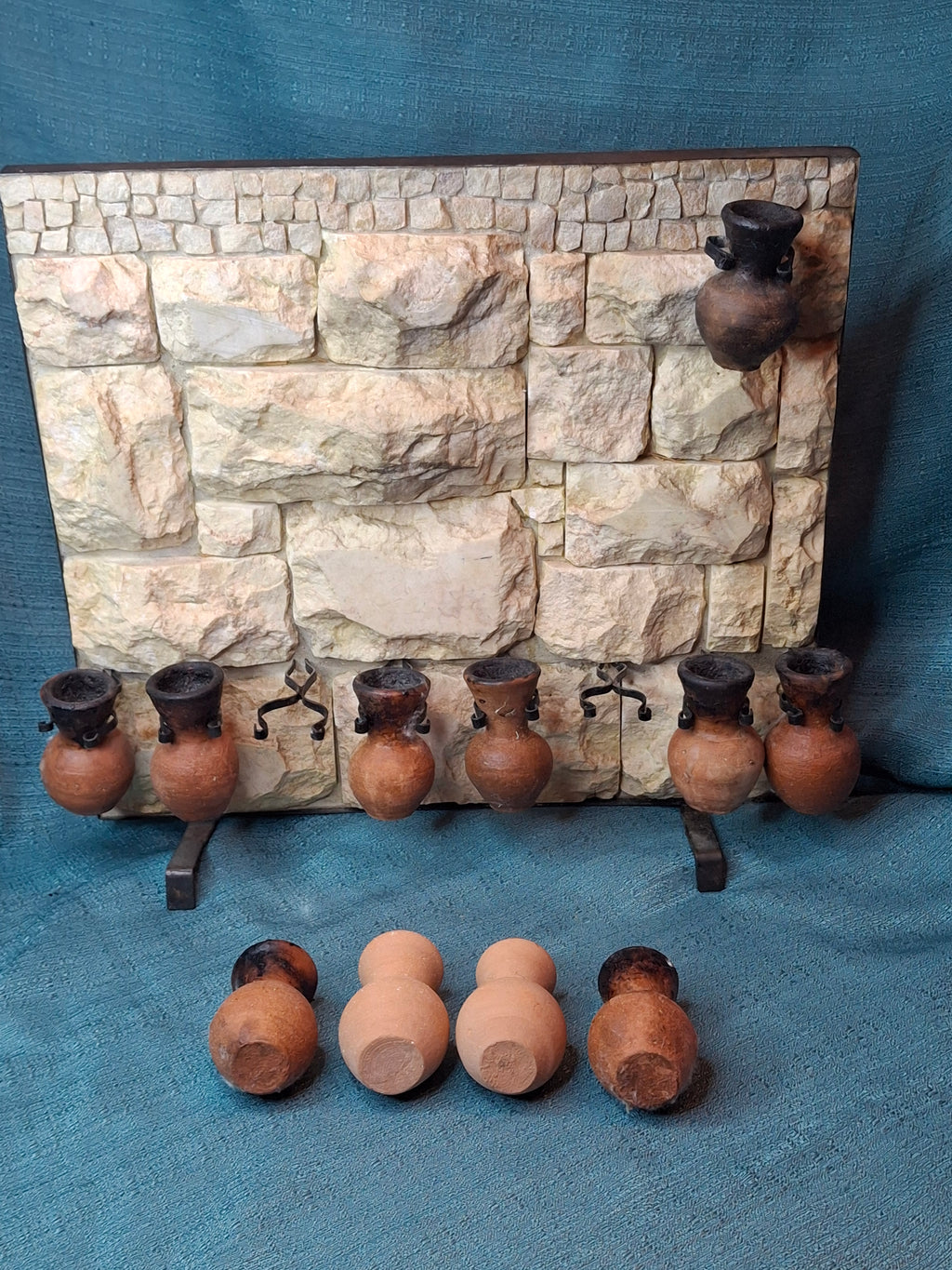 Rare Signed Shoshany Jerusalem Stone Menorah - Master Artisan Footed Design - Complete 11-Piece Oil Jug Set - Handmade in Israel