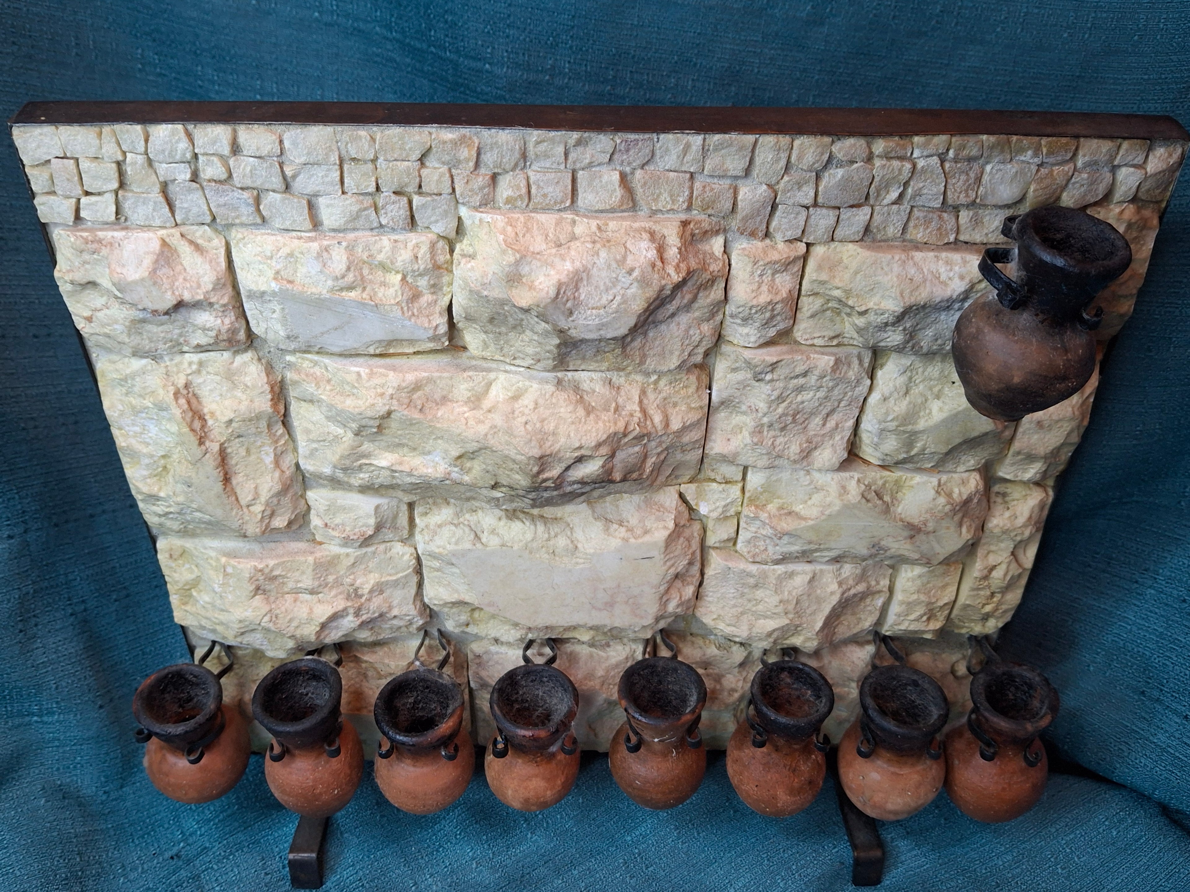 Rare Signed Shoshany Jerusalem Stone Menorah - Master Artisan Footed Design - Complete 11-Piece Oil Jug Set - Handmade in Israel