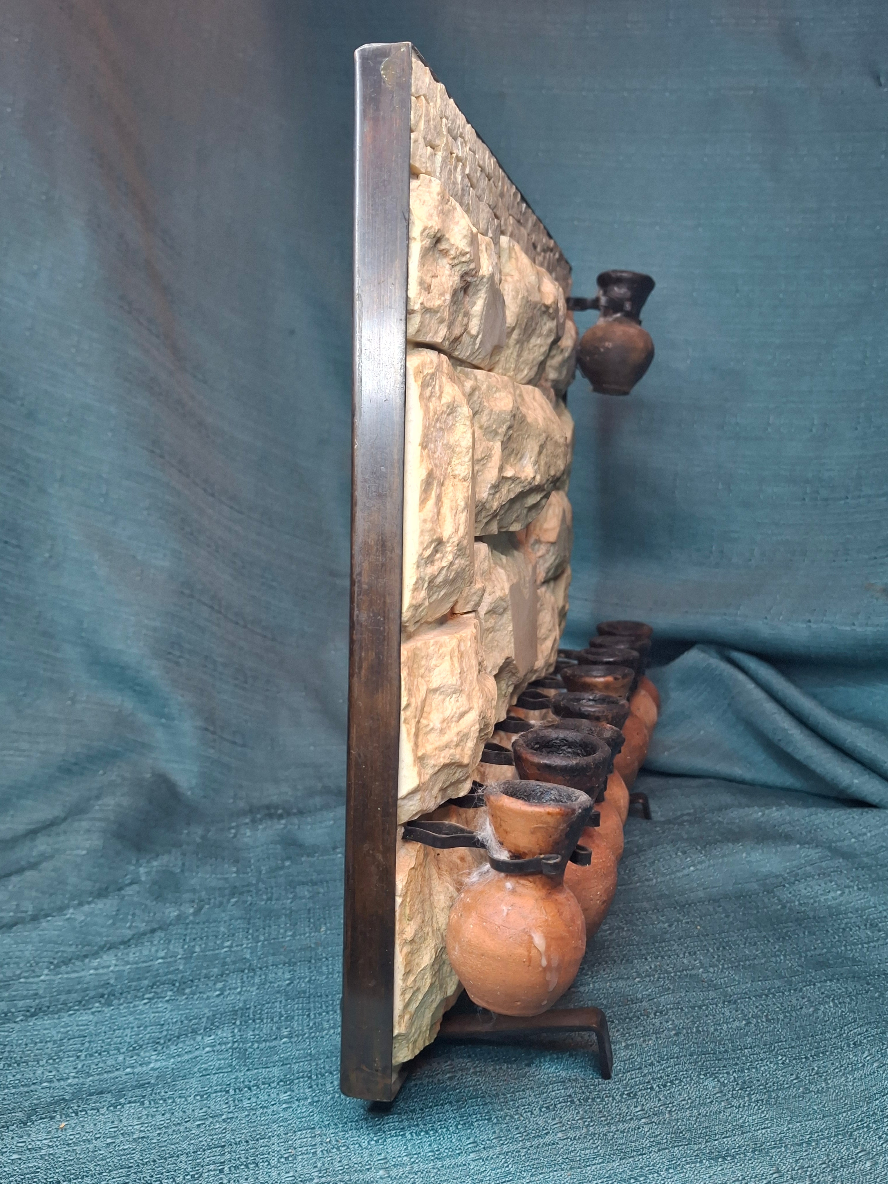 Rare Signed Shoshany Jerusalem Stone Menorah - Master Artisan Footed Design - Complete 11-Piece Oil Jug Set - Handmade in Israel