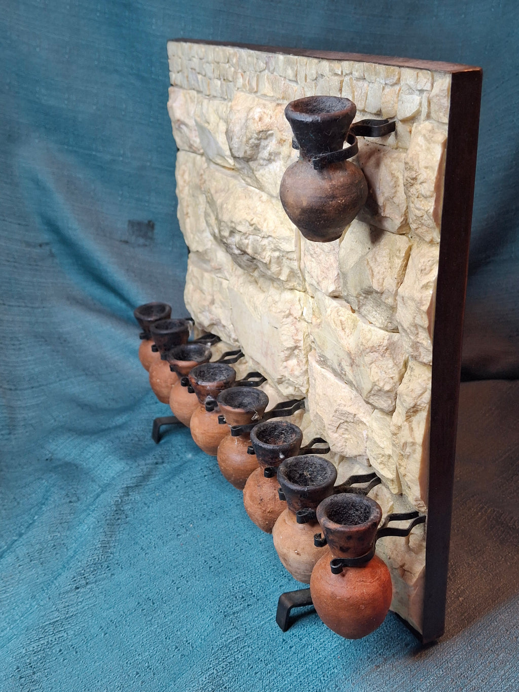 Rare Signed Shoshany Jerusalem Stone Menorah - Master Artisan Footed Design - Complete 11-Piece Oil Jug Set - Handmade in Israel