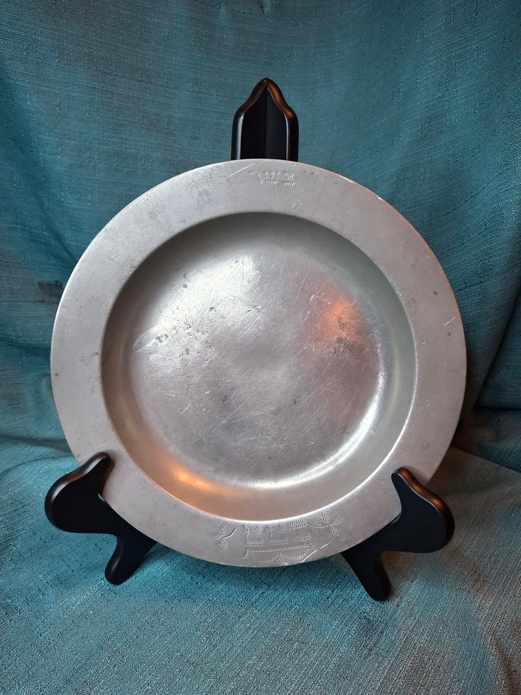 Rare 18thC Inscribed Judaica Pewter Meat Plate Basar Archangel Michael Hallmarks 9.5"