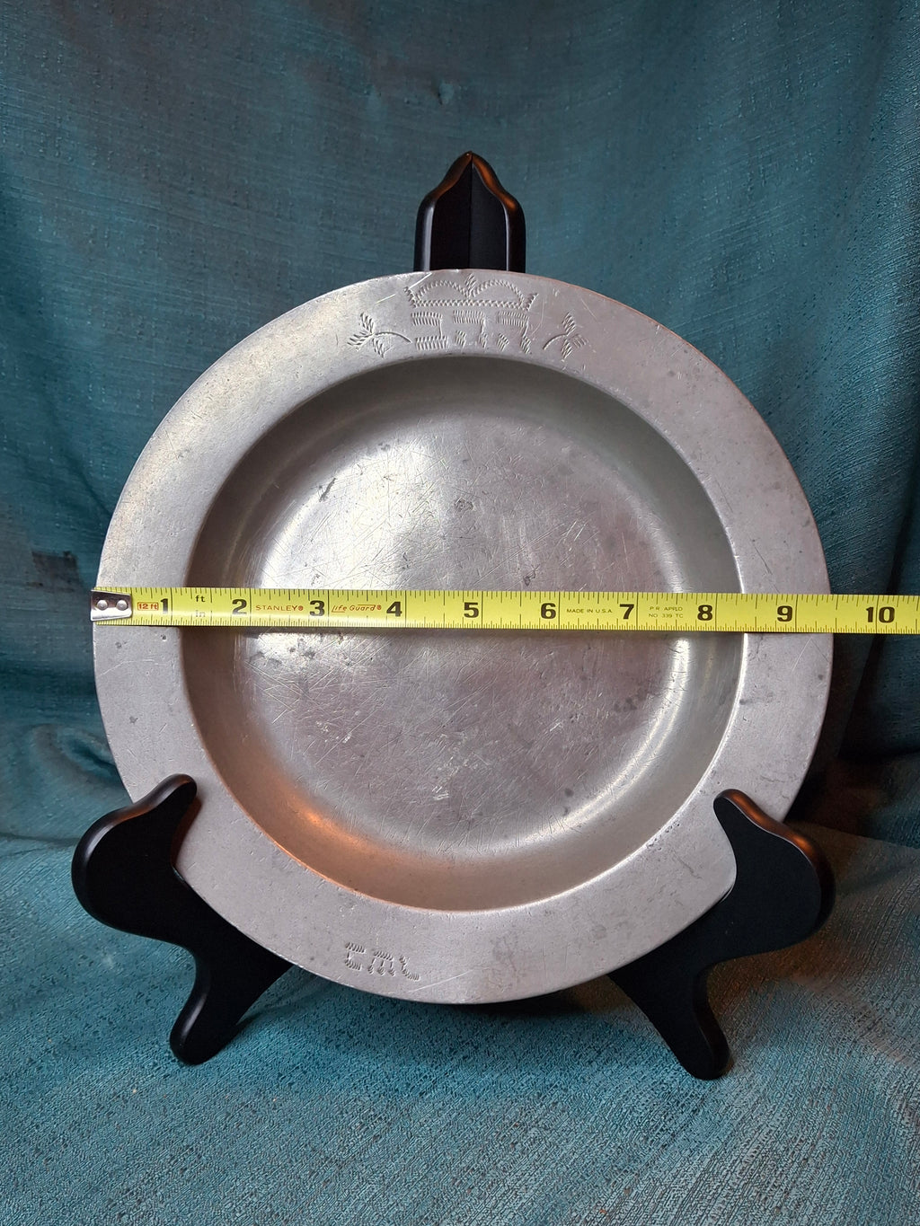 Rare 18thC Inscribed Judaica Pewter Meat Plate Basar Archangel Michael Hallmarks 9.5"