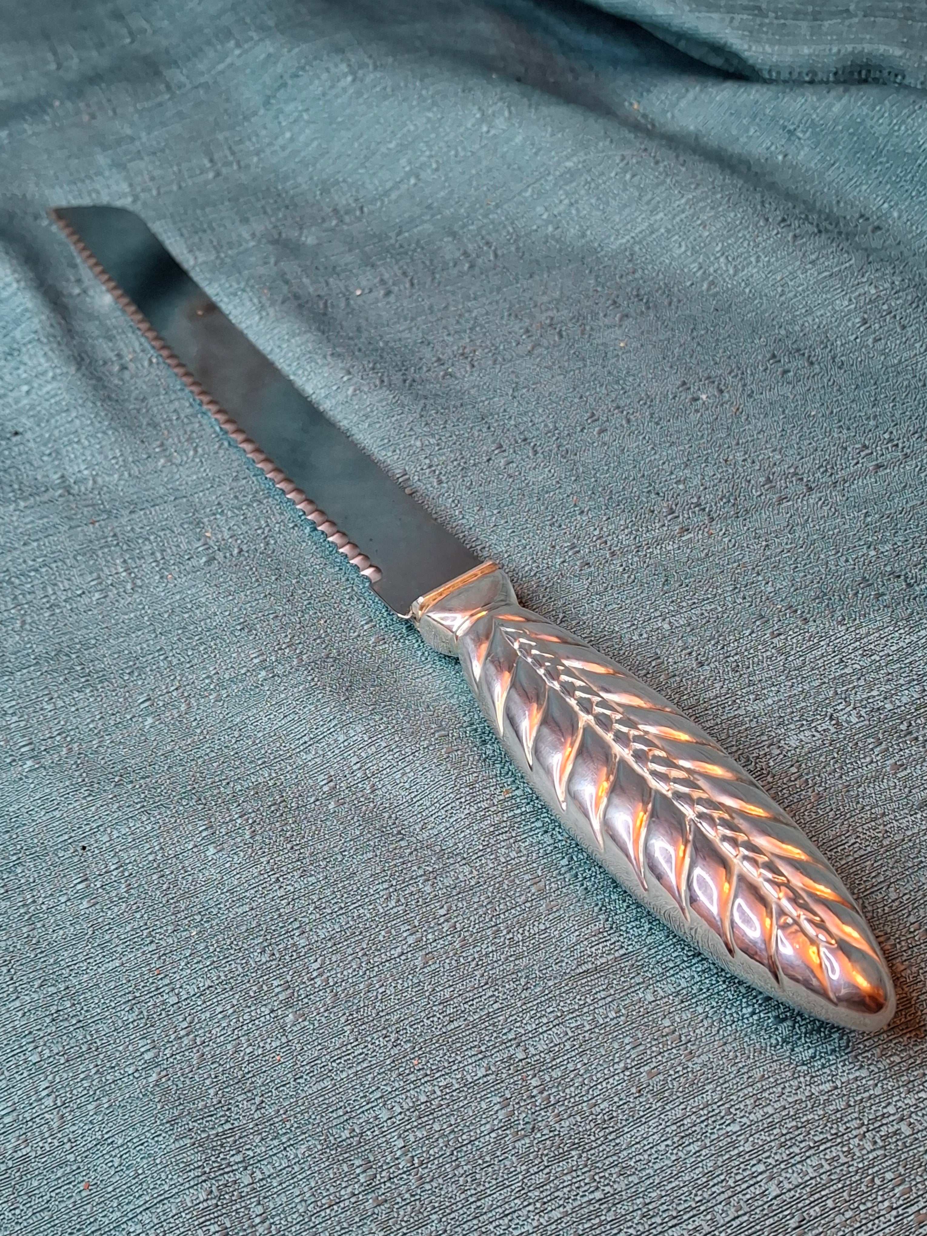 Sterling Silver 925 Challah Knife Braided Wheat Design - Stainless Blade 110g Judaica