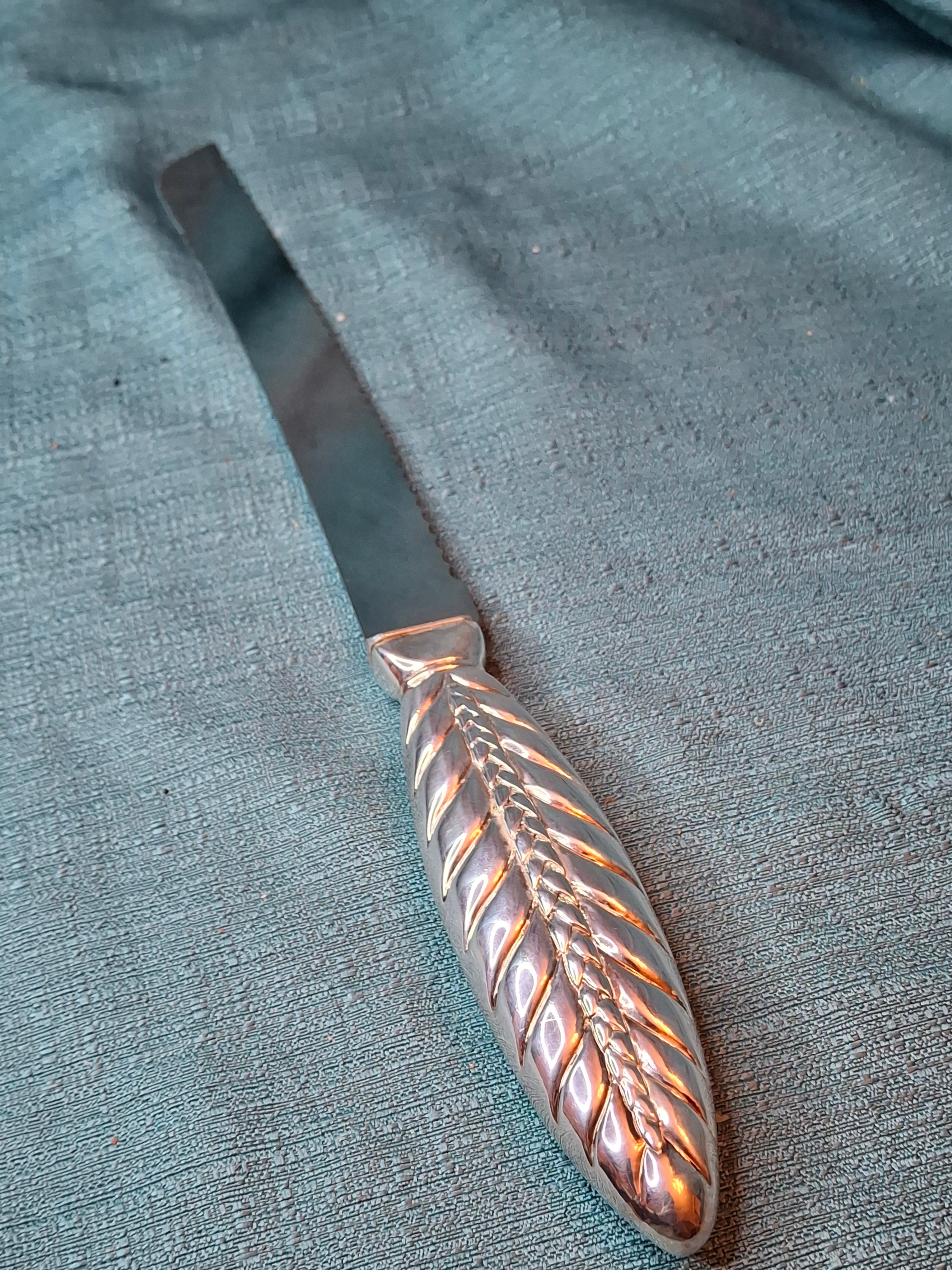 Sterling Silver 925 Challah Knife Braided Wheat Design - Stainless Blade 110g Judaica