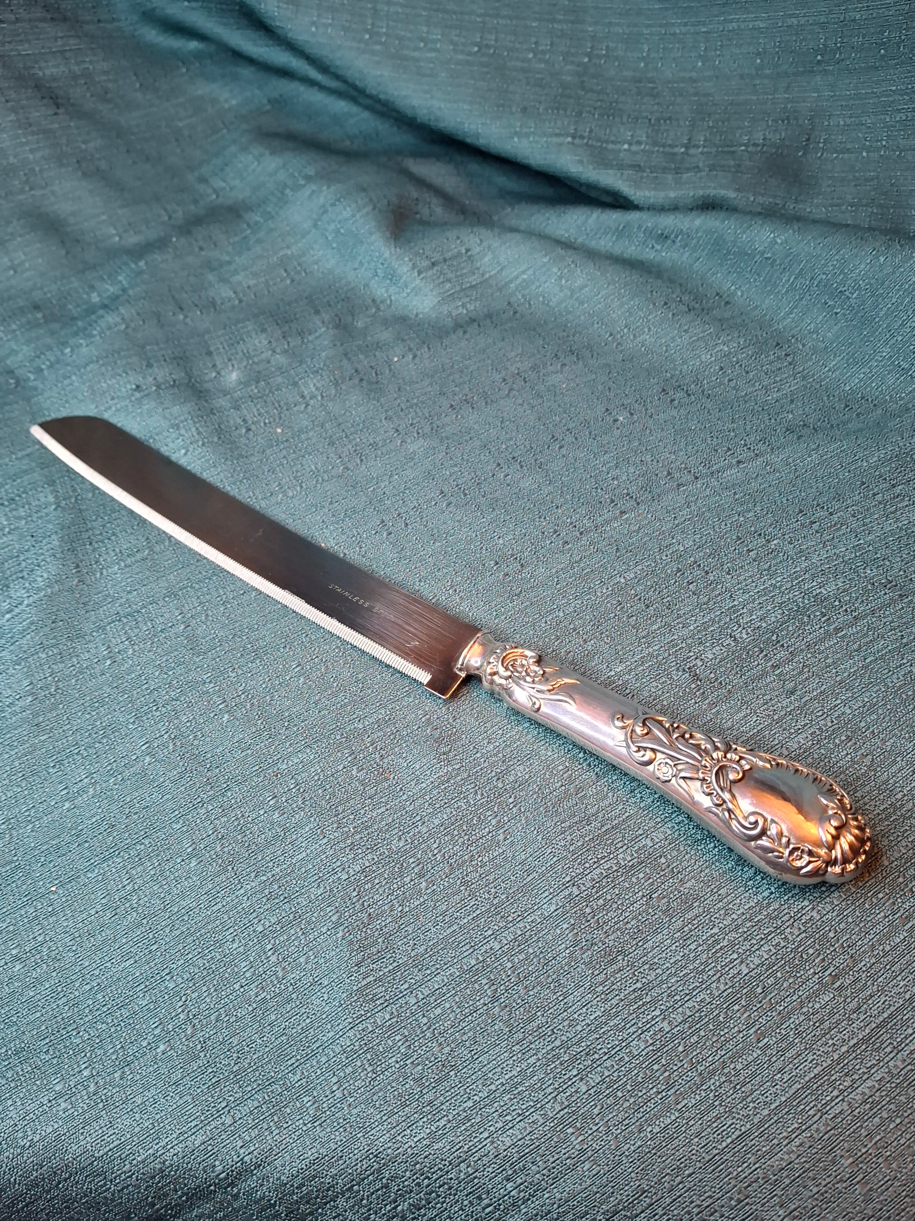 Gorham Chantilly Sterling Silver Challah Knife - No Monogram - Ornate Scroll Handle - 13" Long - Stainless Serrated Blade