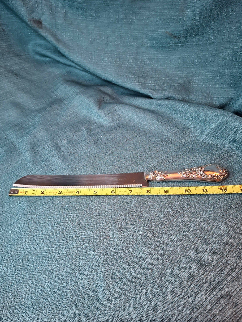 Gorham Chantilly Sterling Silver Challah Knife - No Monogram - Ornate Scroll Handle - 13" Long - Stainless Serrated Blade