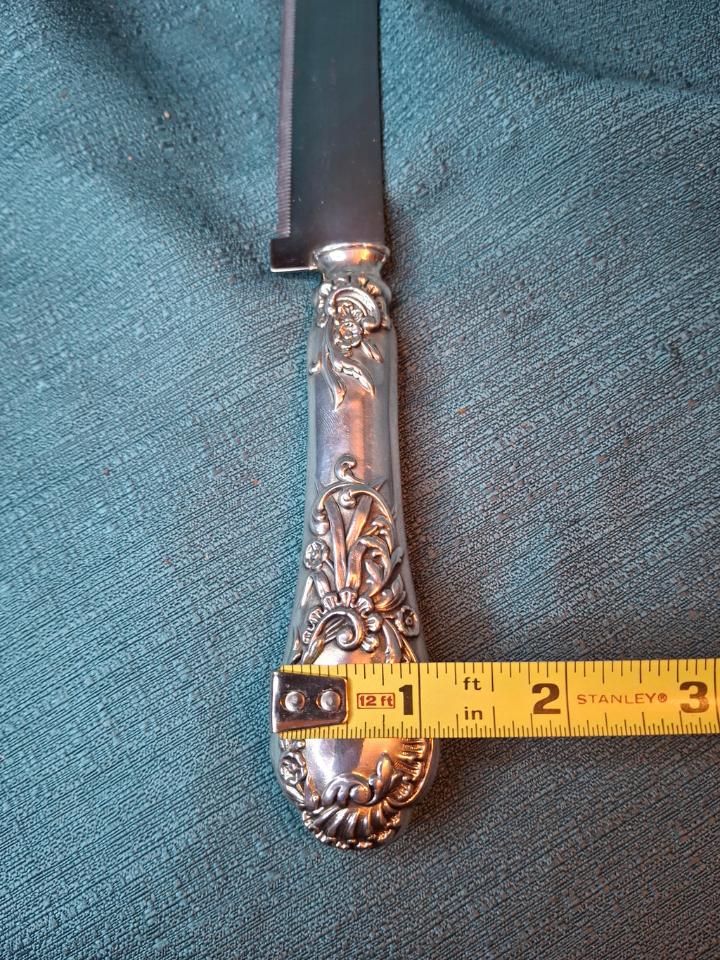 Gorham Chantilly Sterling Silver Challah Knife - No Monogram - Ornate Scroll Handle - 13" Long - Stainless Serrated Blade