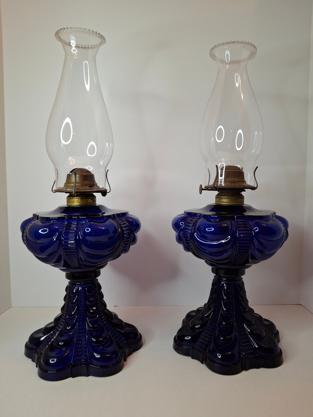 Rare Pair Antique Cobalt Blue Coolidge Drape Kerosene Oil Lamps | Victoria Pattern Pilabrasgo c. 1890s | EAPG Stunning Condition