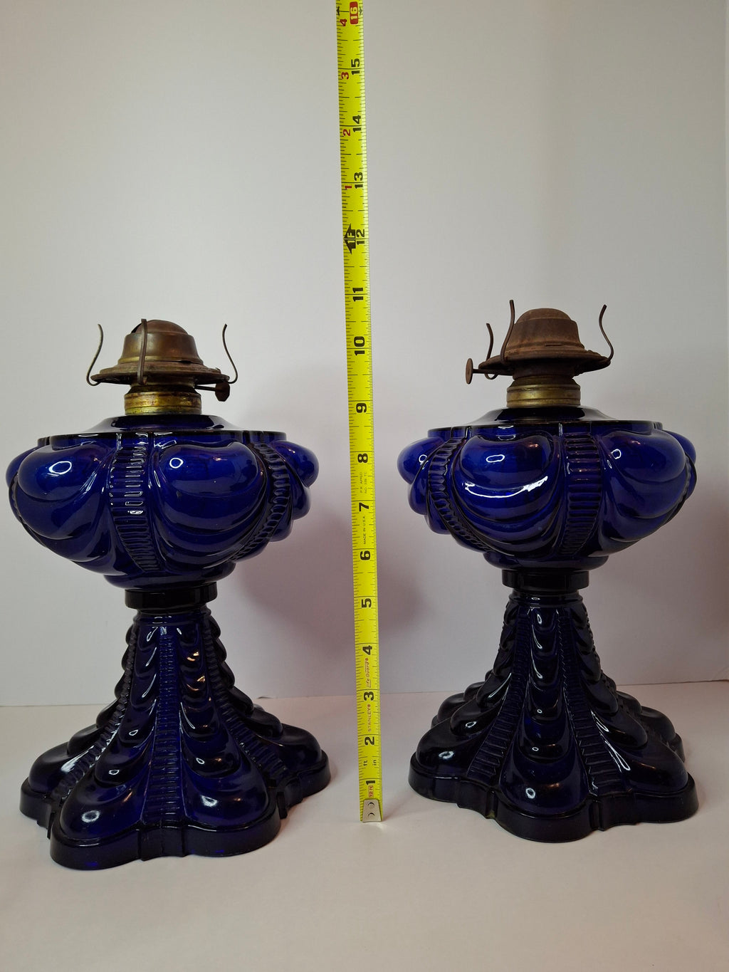 Rare Pair Antique Cobalt Blue Coolidge Drape Kerosene Oil Lamps | Victoria Pattern Pilabrasgo c. 1890s | EAPG Stunning Condition