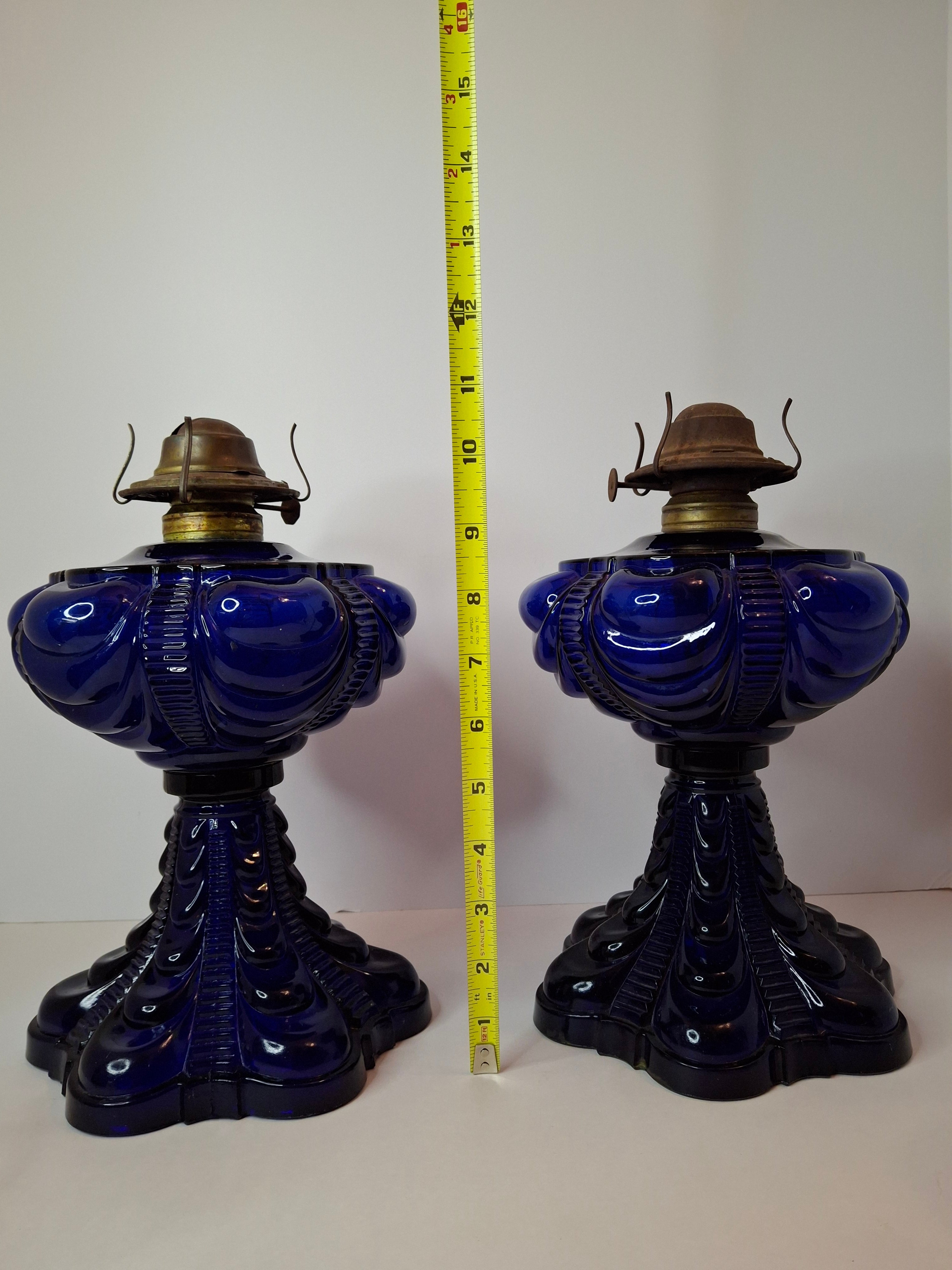 Rare Pair Antique Cobalt Blue Coolidge Drape Kerosene Oil Lamps | Victoria Pattern Pilabrasgo c. 1890s | EAPG Stunning Condition