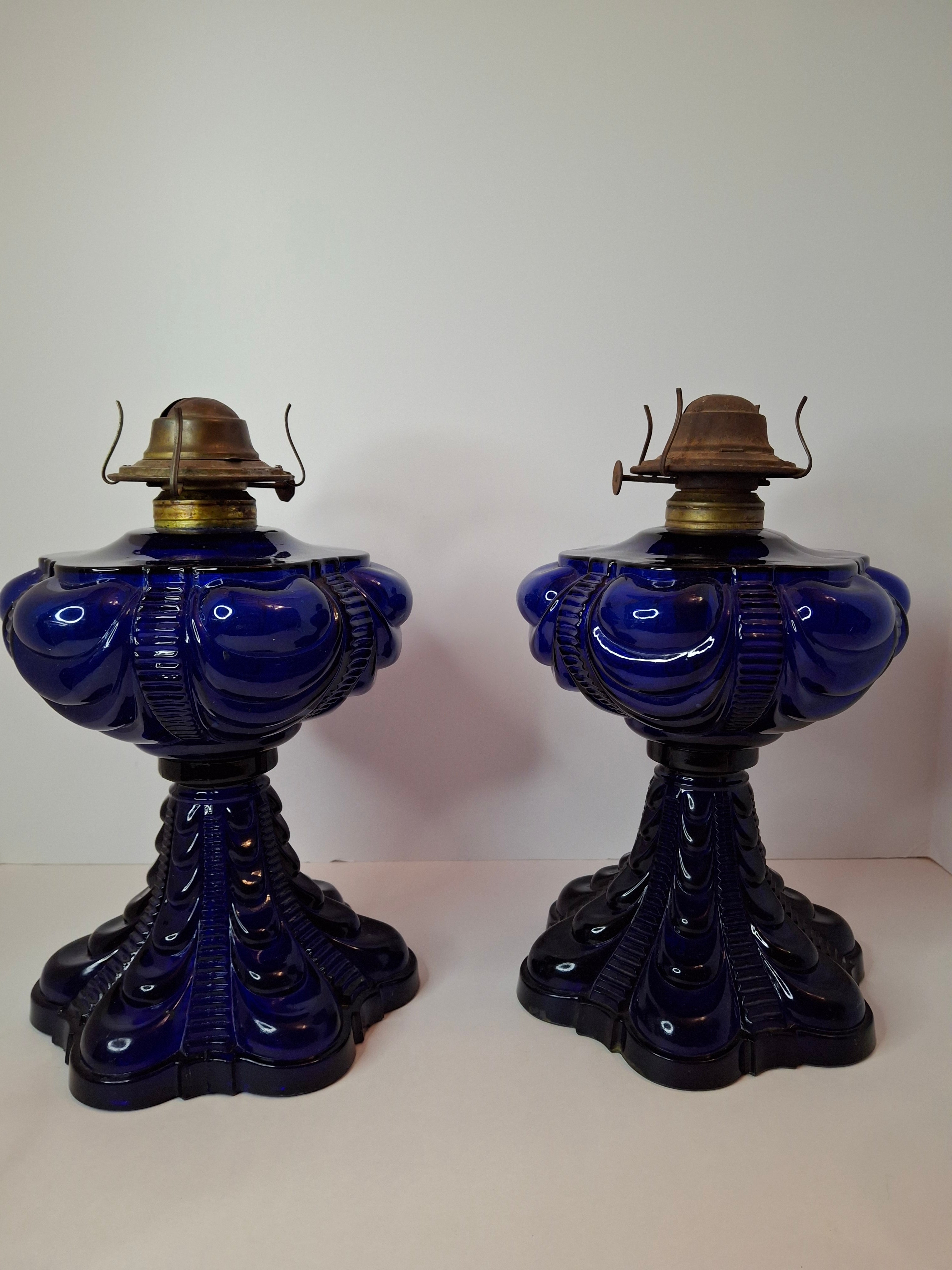Rare Pair Antique Cobalt Blue Coolidge Drape Kerosene Oil Lamps | Victoria Pattern Pilabrasgo c. 1890s | EAPG Stunning Condition