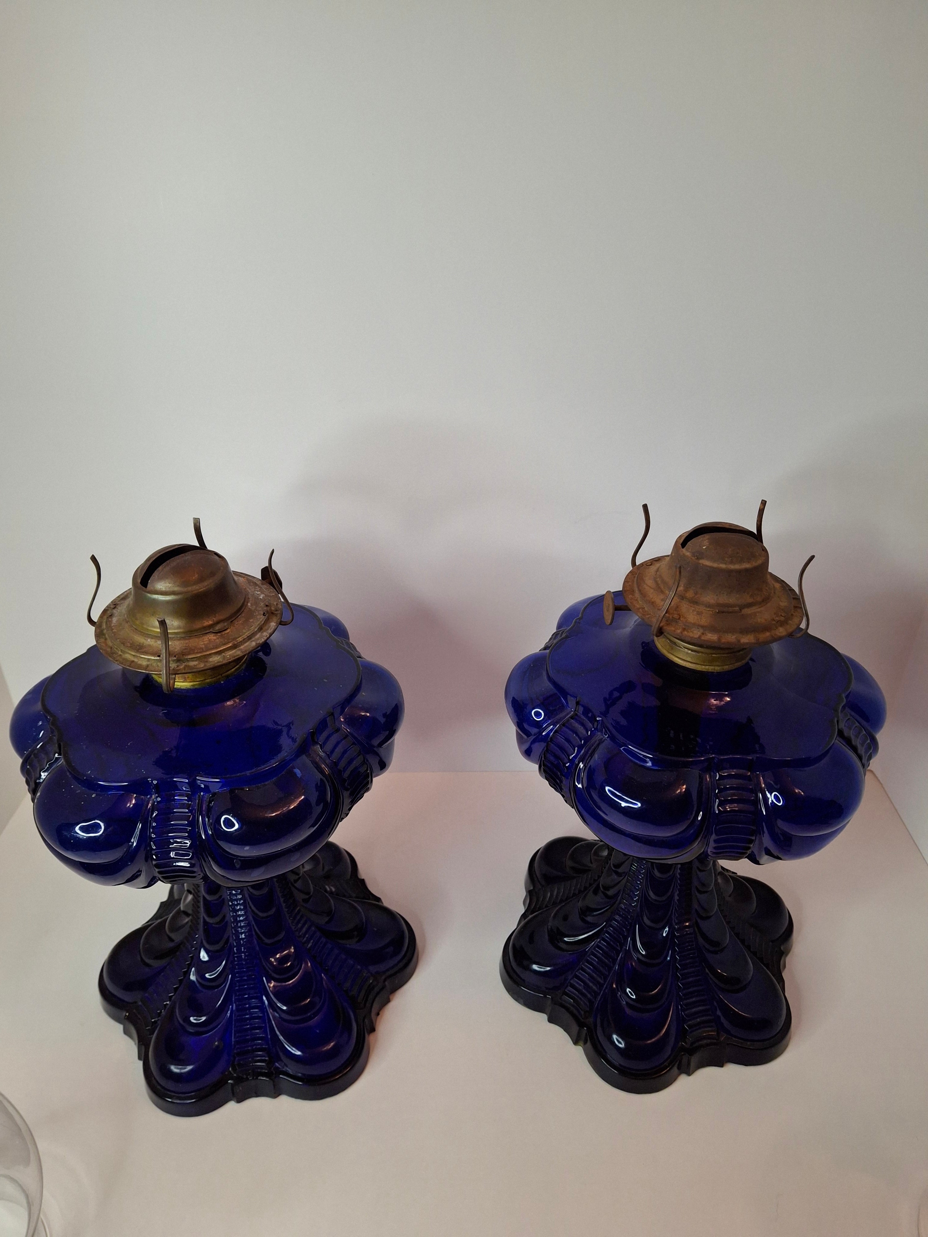 Rare Pair Antique Cobalt Blue Coolidge Drape Kerosene Oil Lamps | Victoria Pattern Pilabrasgo c. 1890s | EAPG Stunning Condition