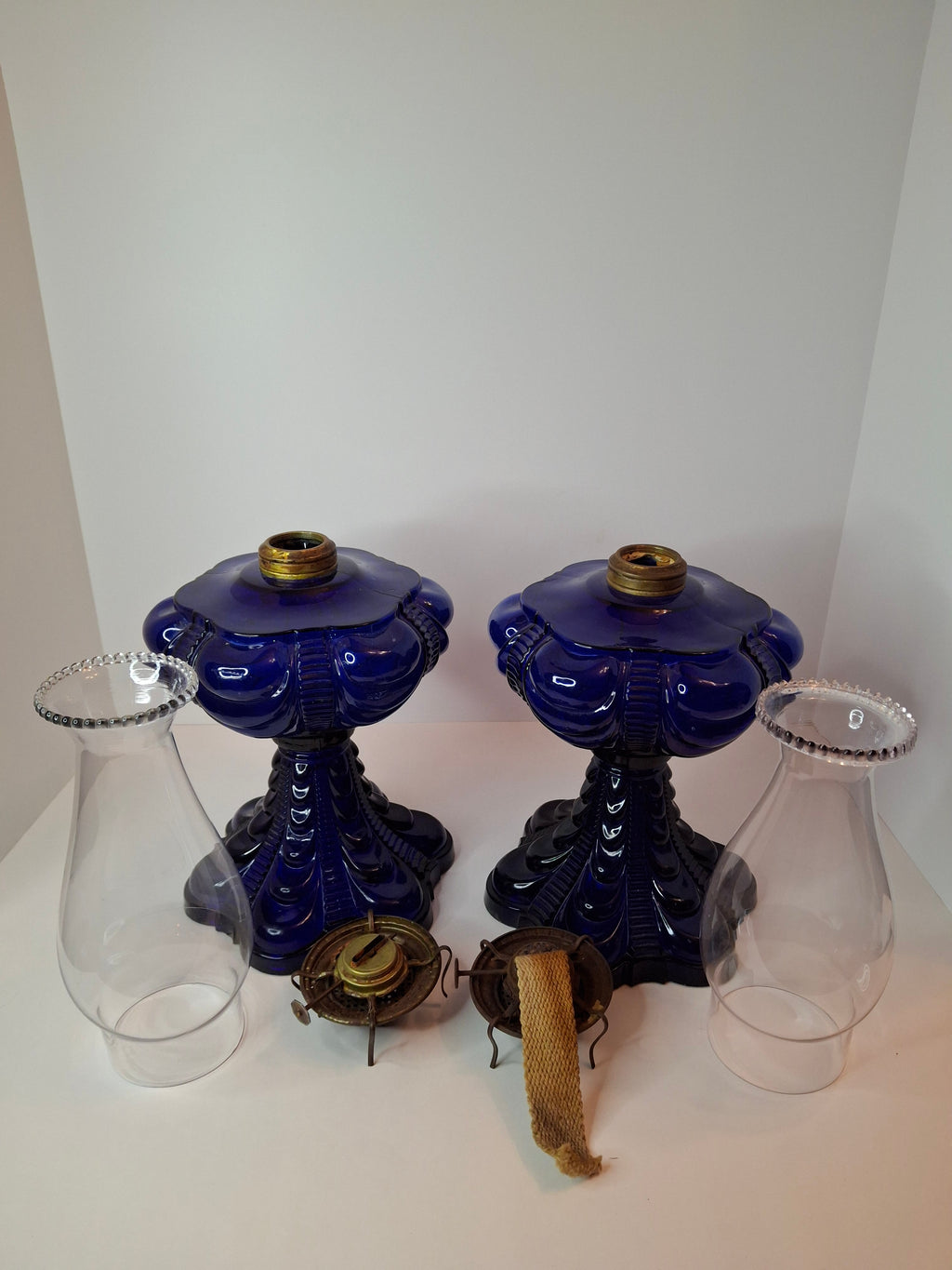Rare Pair Antique Cobalt Blue Coolidge Drape Kerosene Oil Lamps | Victoria Pattern Pilabrasgo c. 1890s | EAPG Stunning Condition
