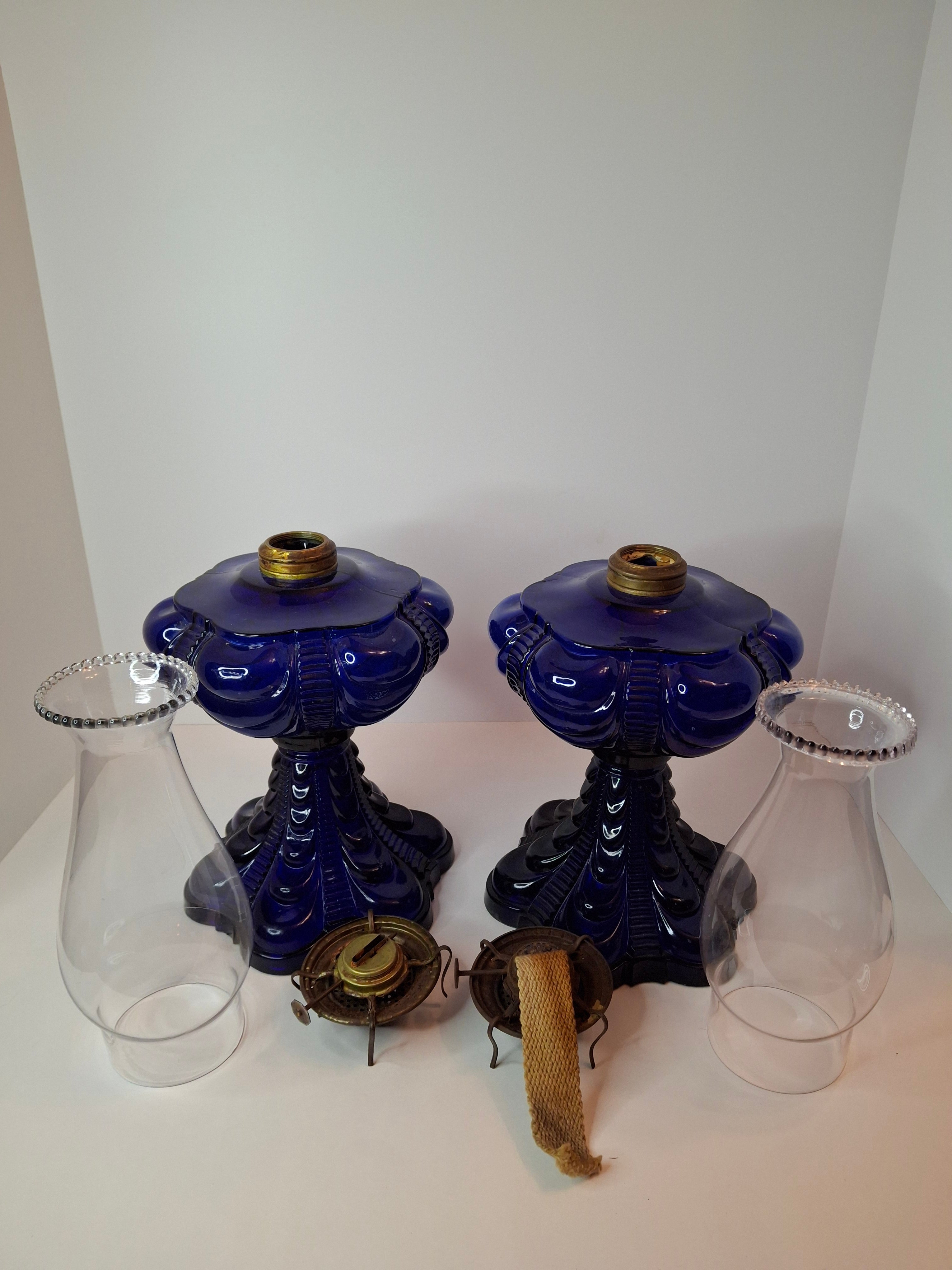 Rare Pair Antique Cobalt Blue Coolidge Drape Kerosene Oil Lamps | Victoria Pattern Pilabrasgo c. 1890s | EAPG Stunning Condition