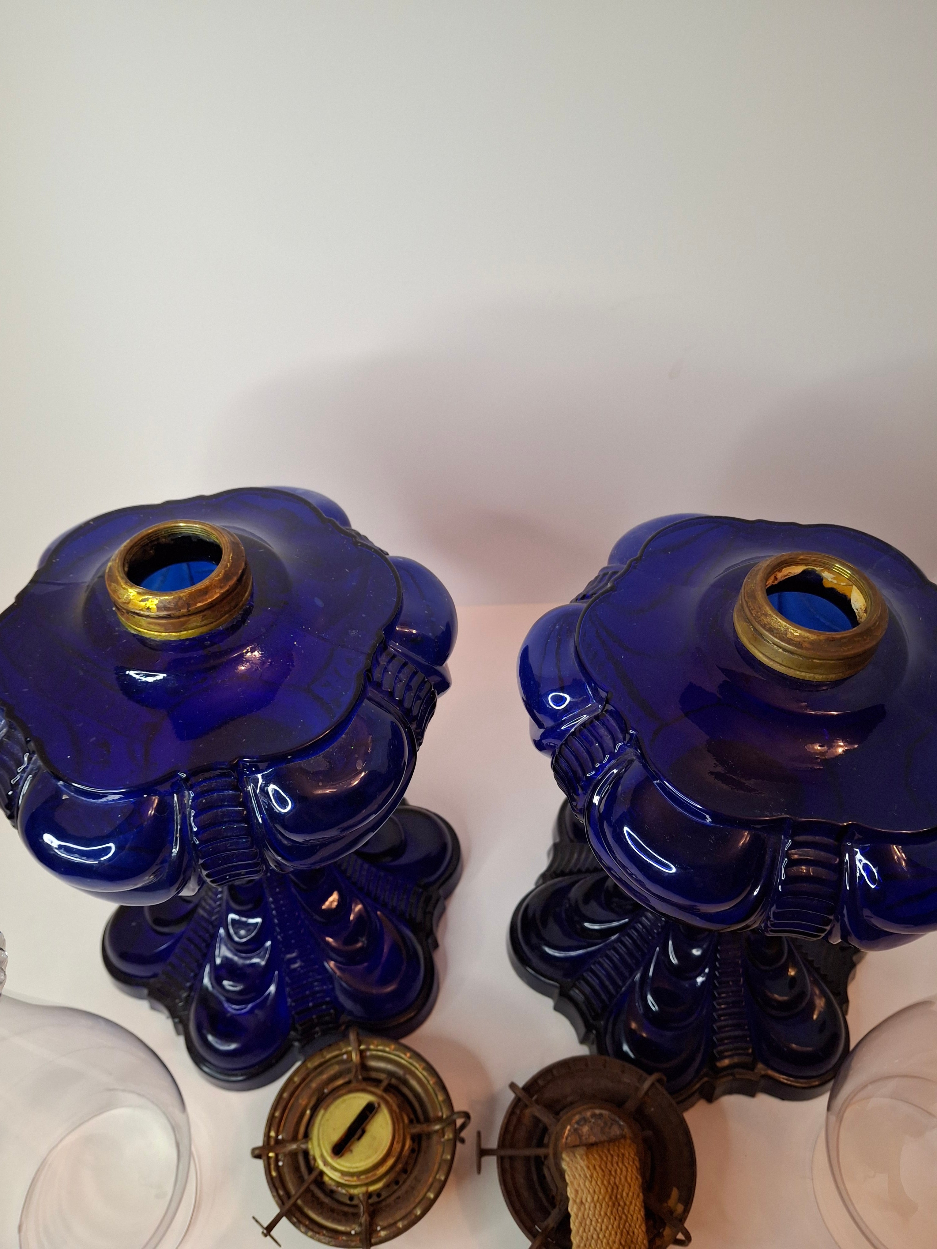 Rare Pair Antique Cobalt Blue Coolidge Drape Kerosene Oil Lamps | Victoria Pattern Pilabrasgo c. 1890s | EAPG Stunning Condition